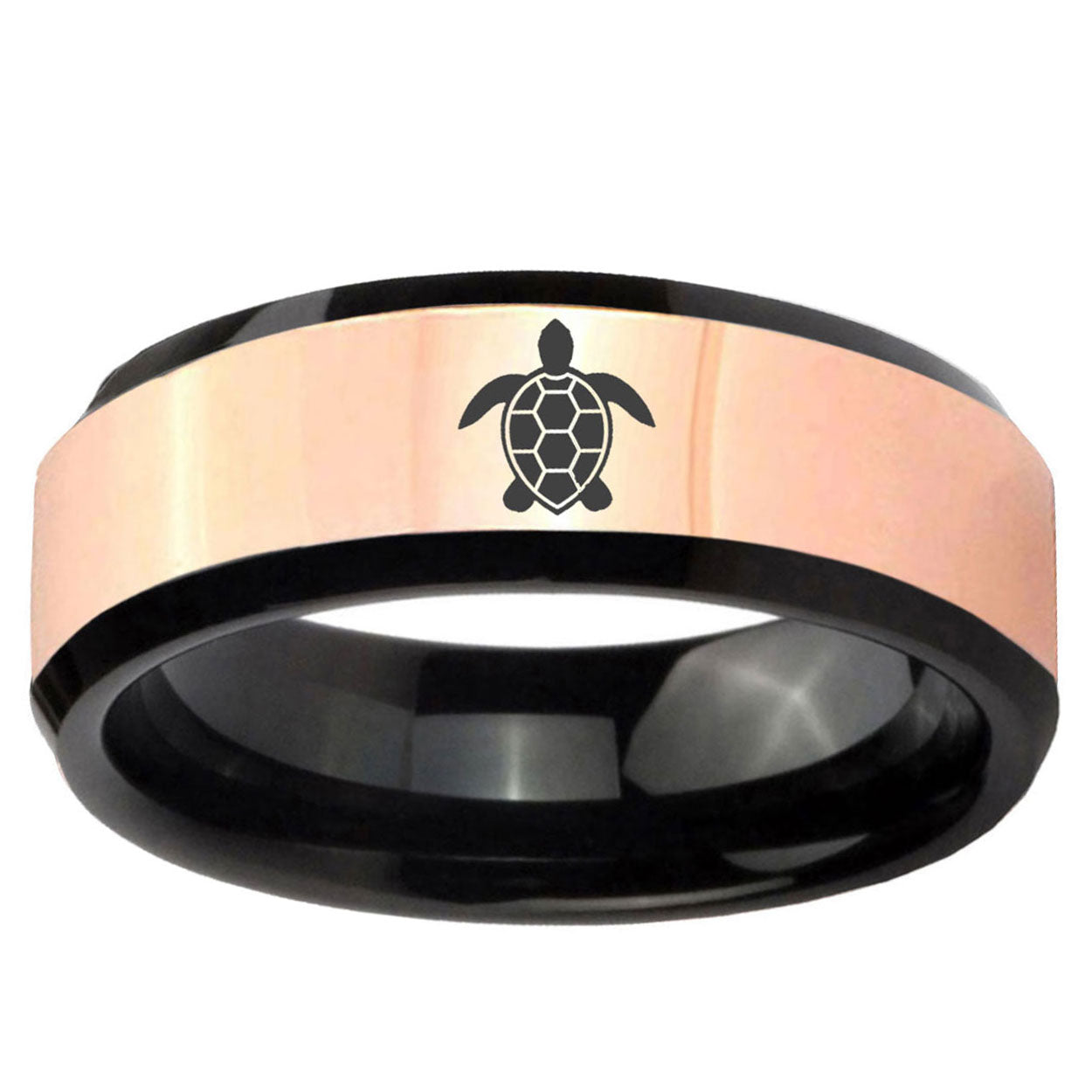 Sea Turtle Design Rose Gold Black Bevel Tungsten Ring