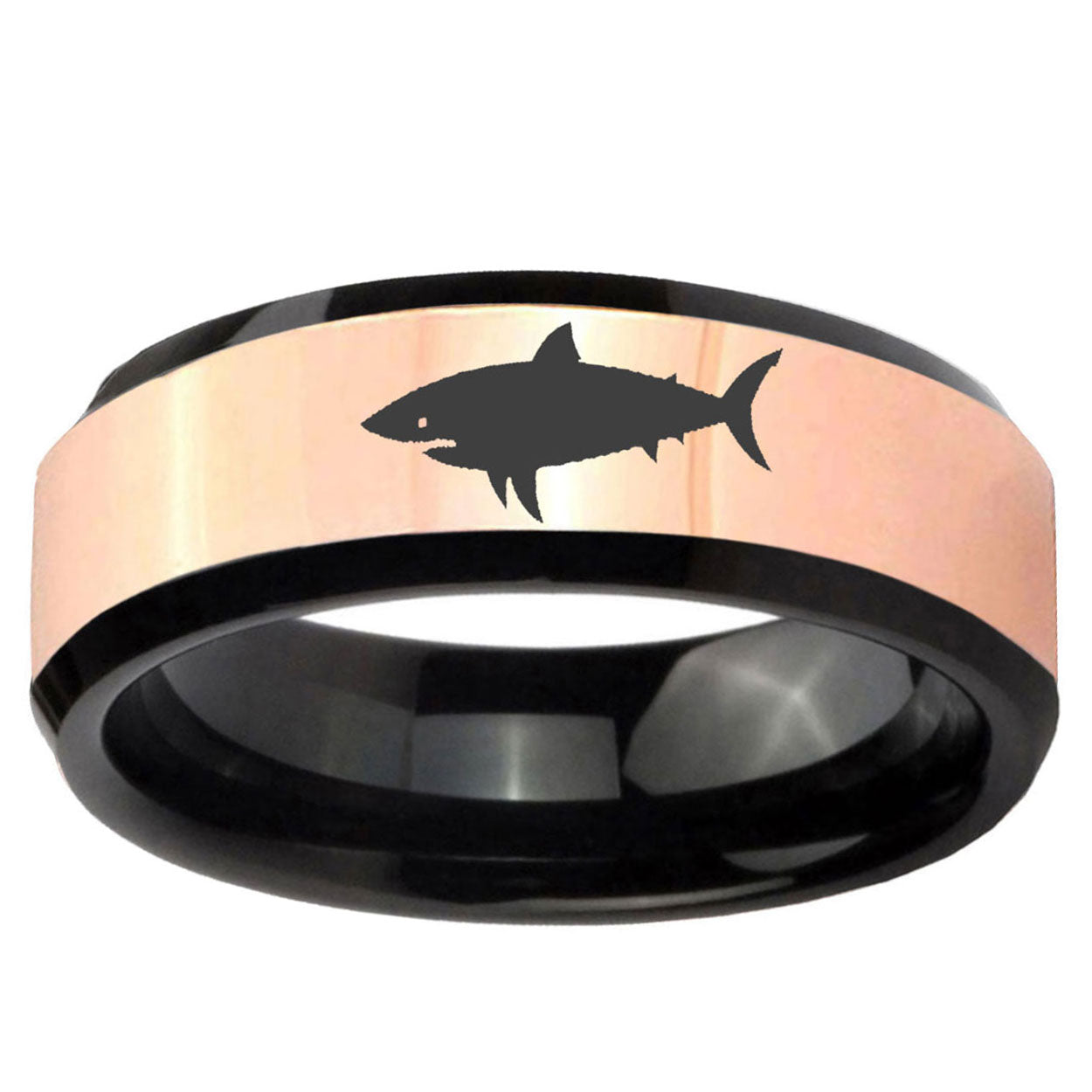 Shark Rose Gold And Black Bevel Tungsten Promised Ring