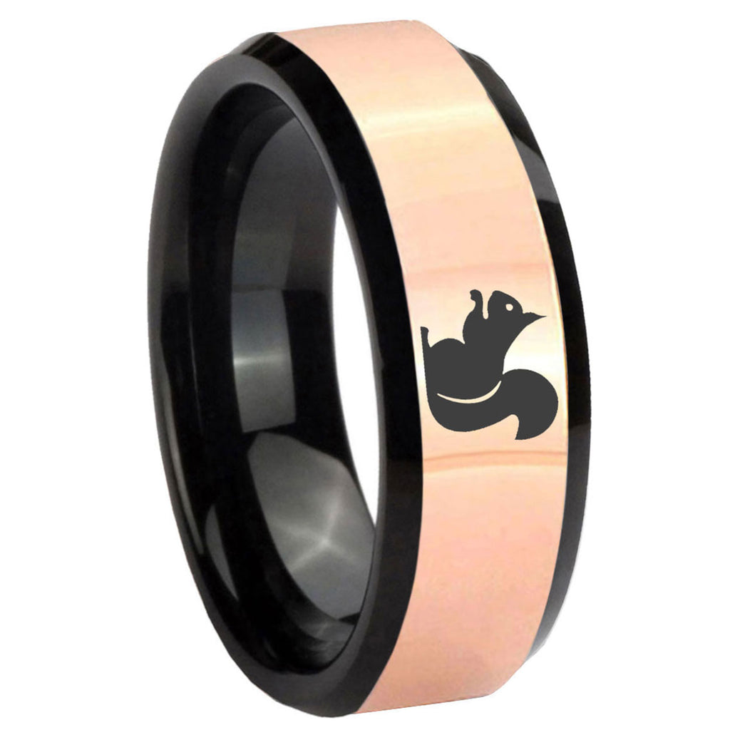 8MM Squirrel Rose Gold And Black Beveled Edge Tungsten Ring