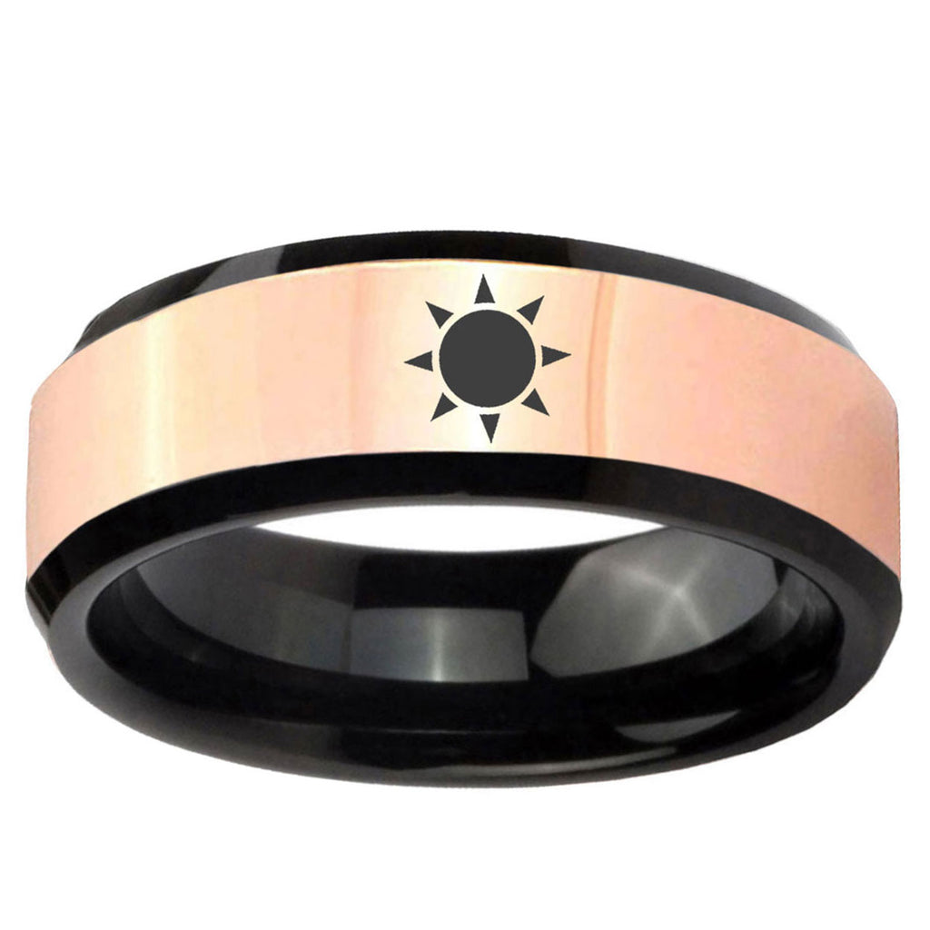 Sun Design Rose Gold And Black Bevel Tungsten Wedding Bands
