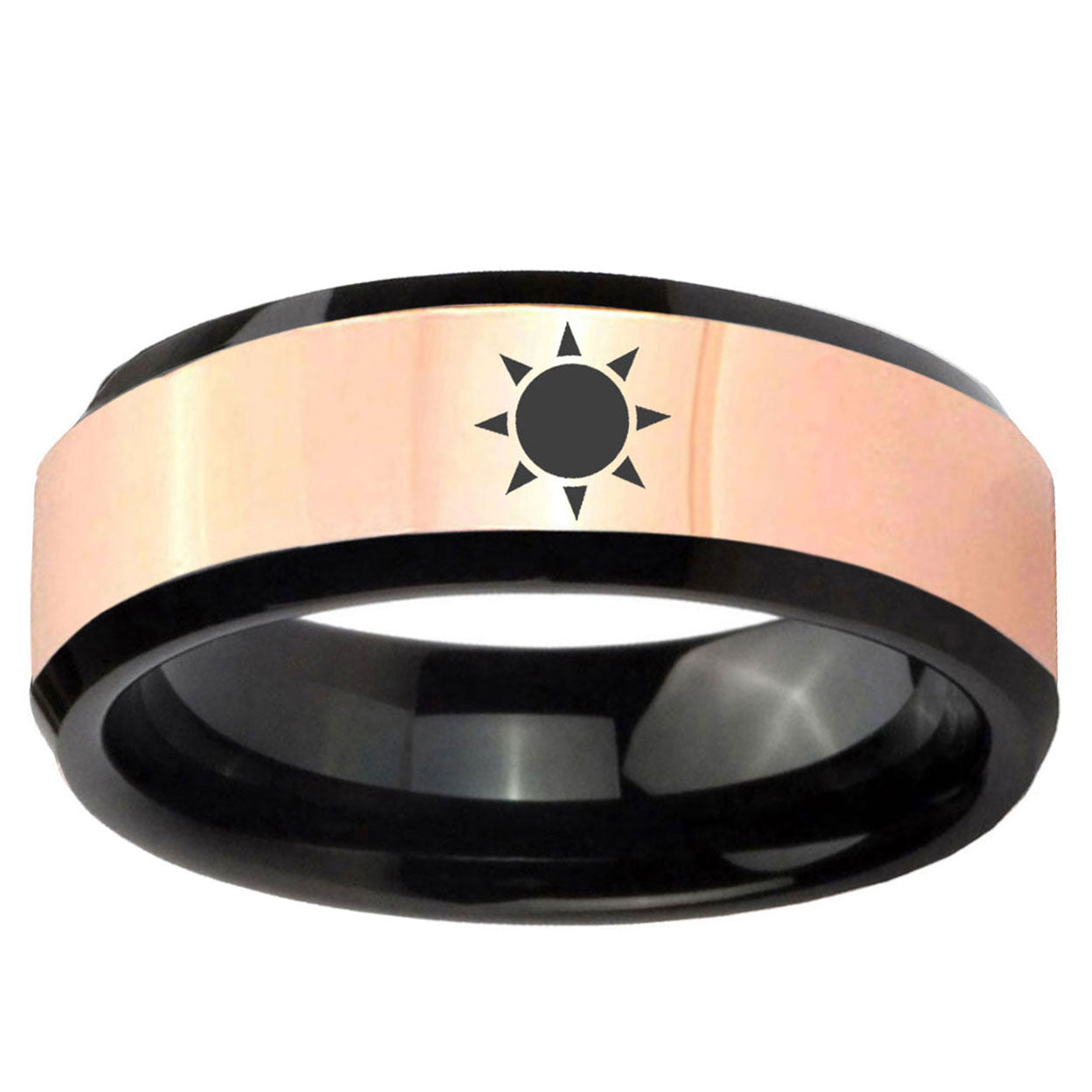 Sun Design Rose Gold And Black Bevel Tungsten Wedding Bands
