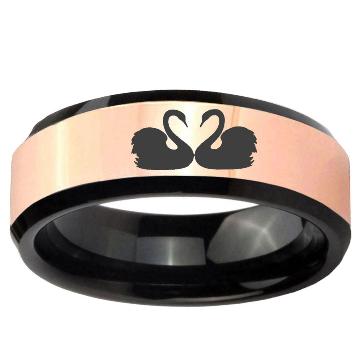 Swans Design Rose Gold Black Bevel Tungsten Wedding Ring