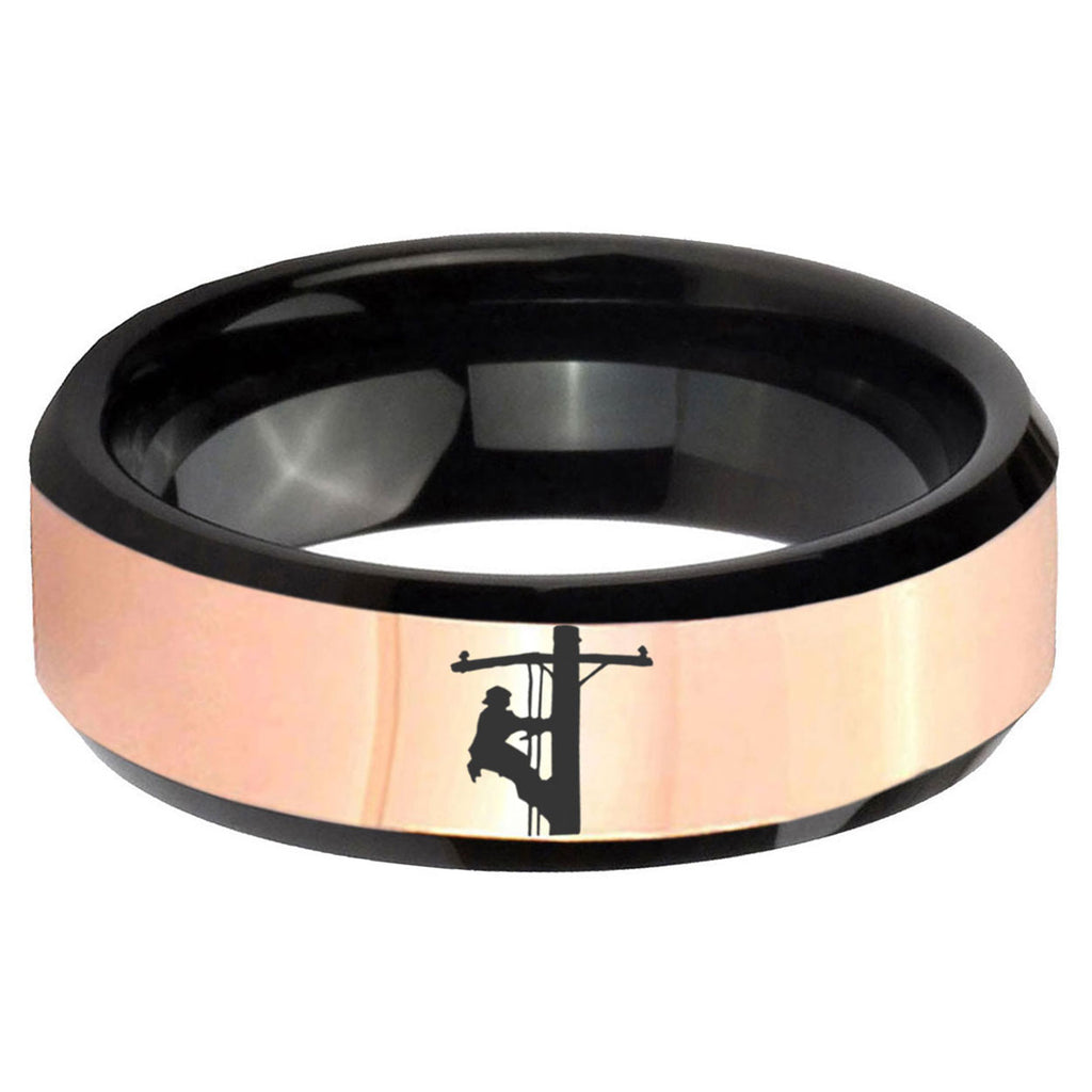 Lineman Symbol Rose Gold Black Bevel Tungsten Custom Ring