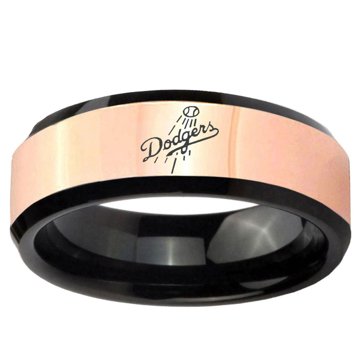 LA Dogers MLB Baseball Rose Gold Black Bevel Tungsten Ring