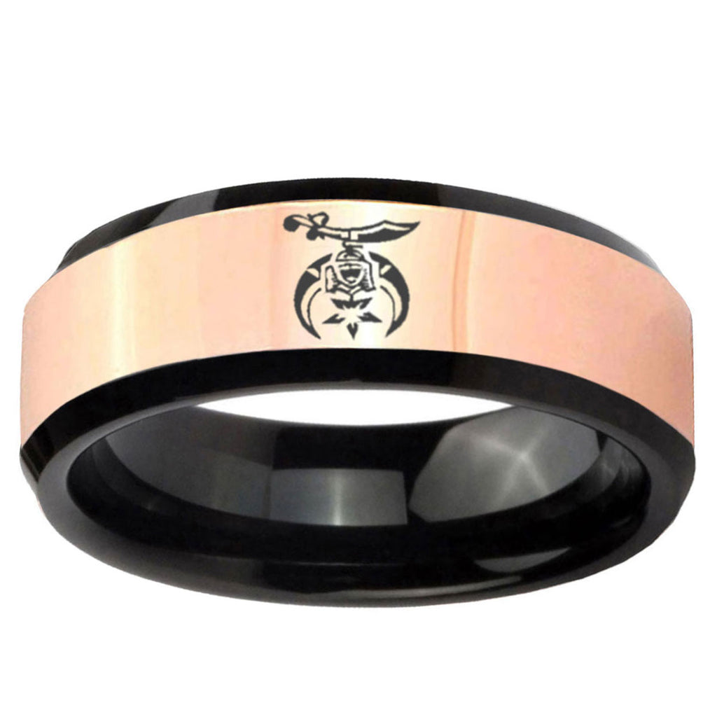 Masonic Shriners Rose Gold Black Bevel Tungsten Engagement Ring