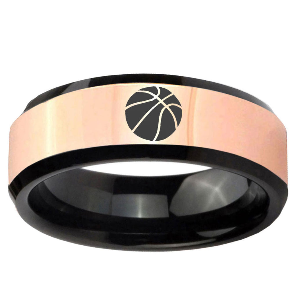 Basketball Rose Gold Black Bevel Tungsten Promise Ring