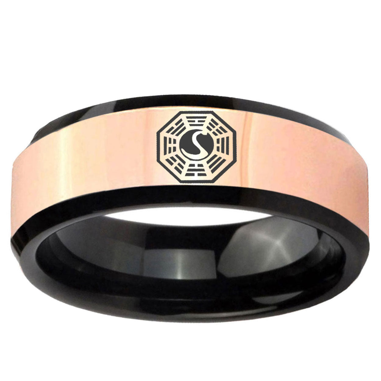 Lost Dharma Rose Gold Black Bevel Tungsten Wedding Ring