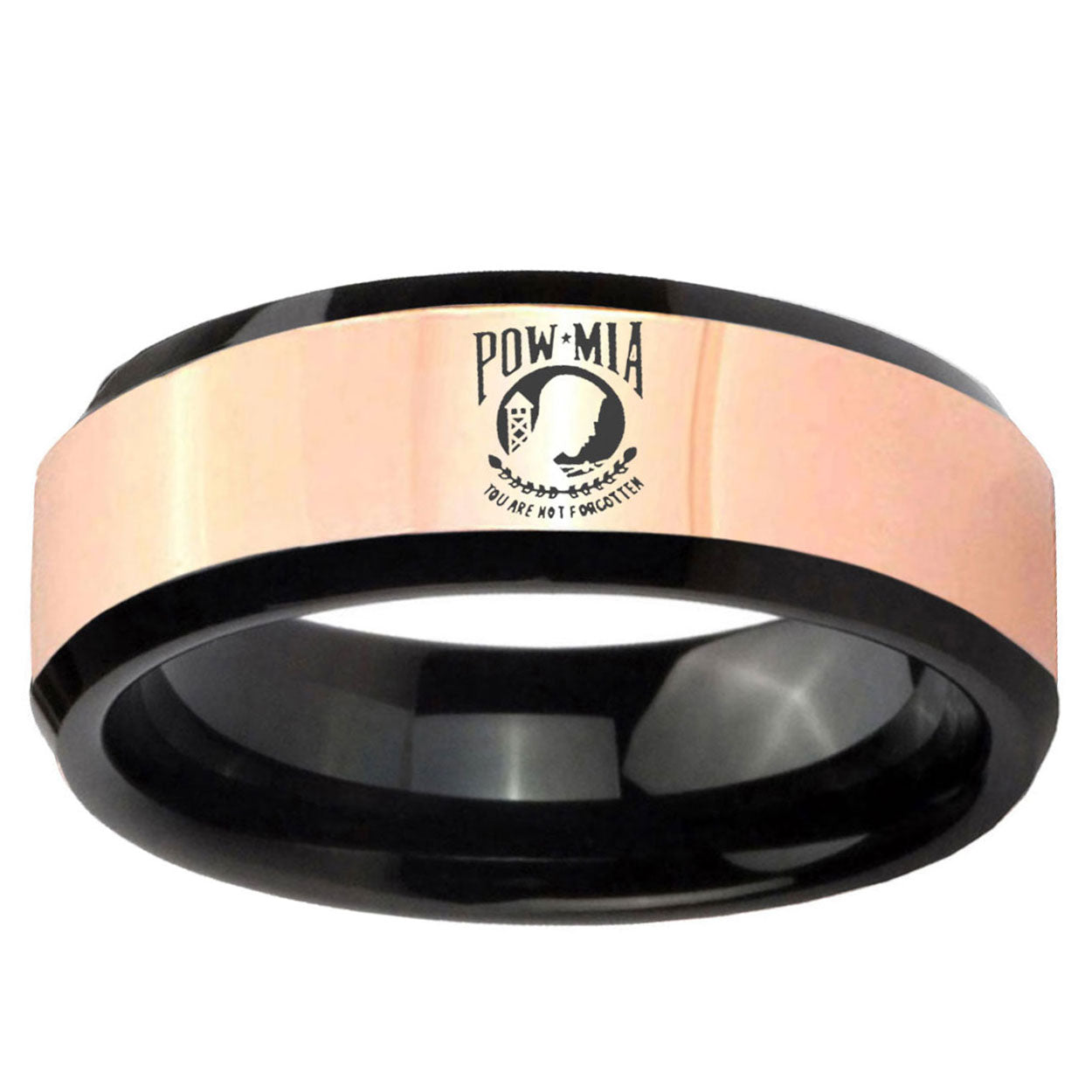 Military Pow Rose Gold Black Bevel Tungsten Wedding Ring