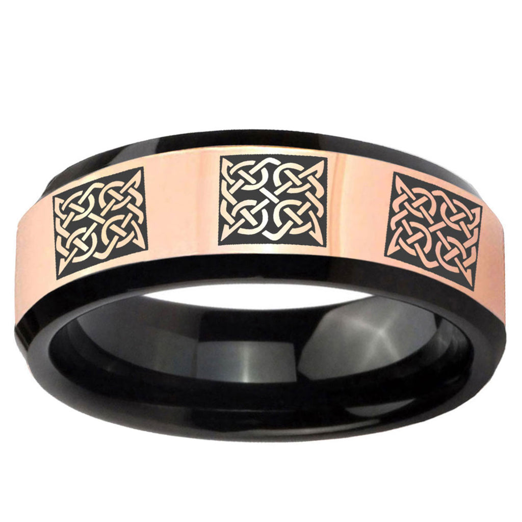 Multiple Celtic Rose Gold Black Bevel Tungsten Promise Ring