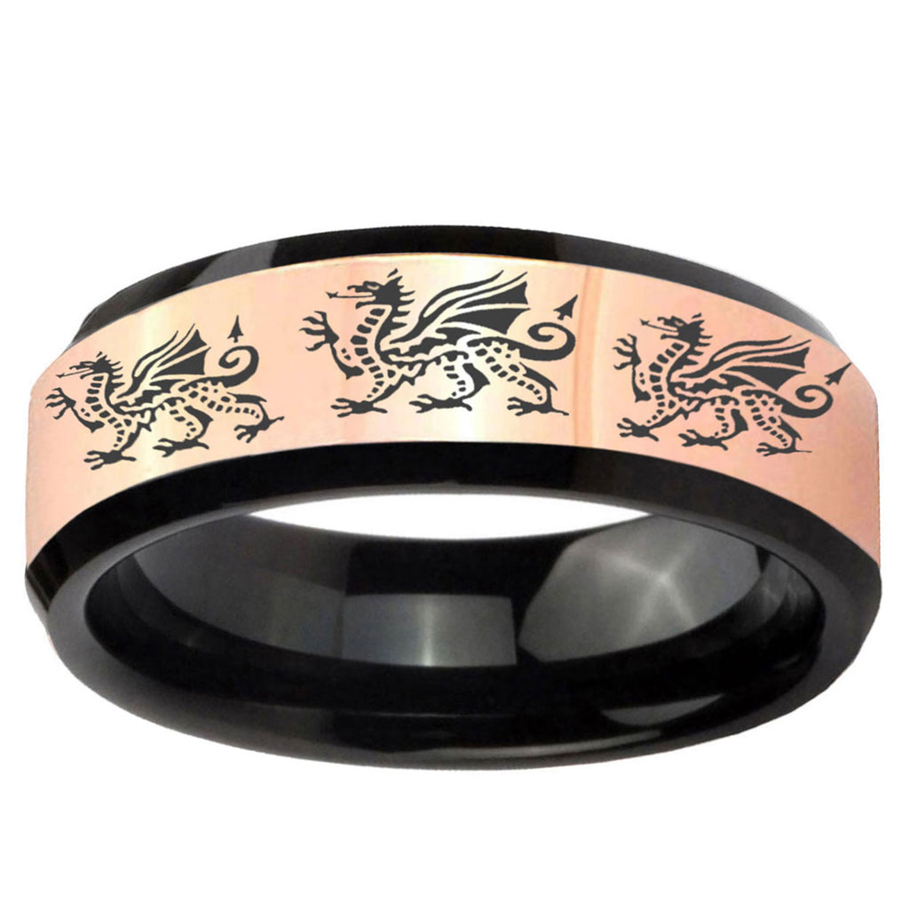 Multiple Dragon Rose Gold Black Bevel Tungsten Wedding Ring
