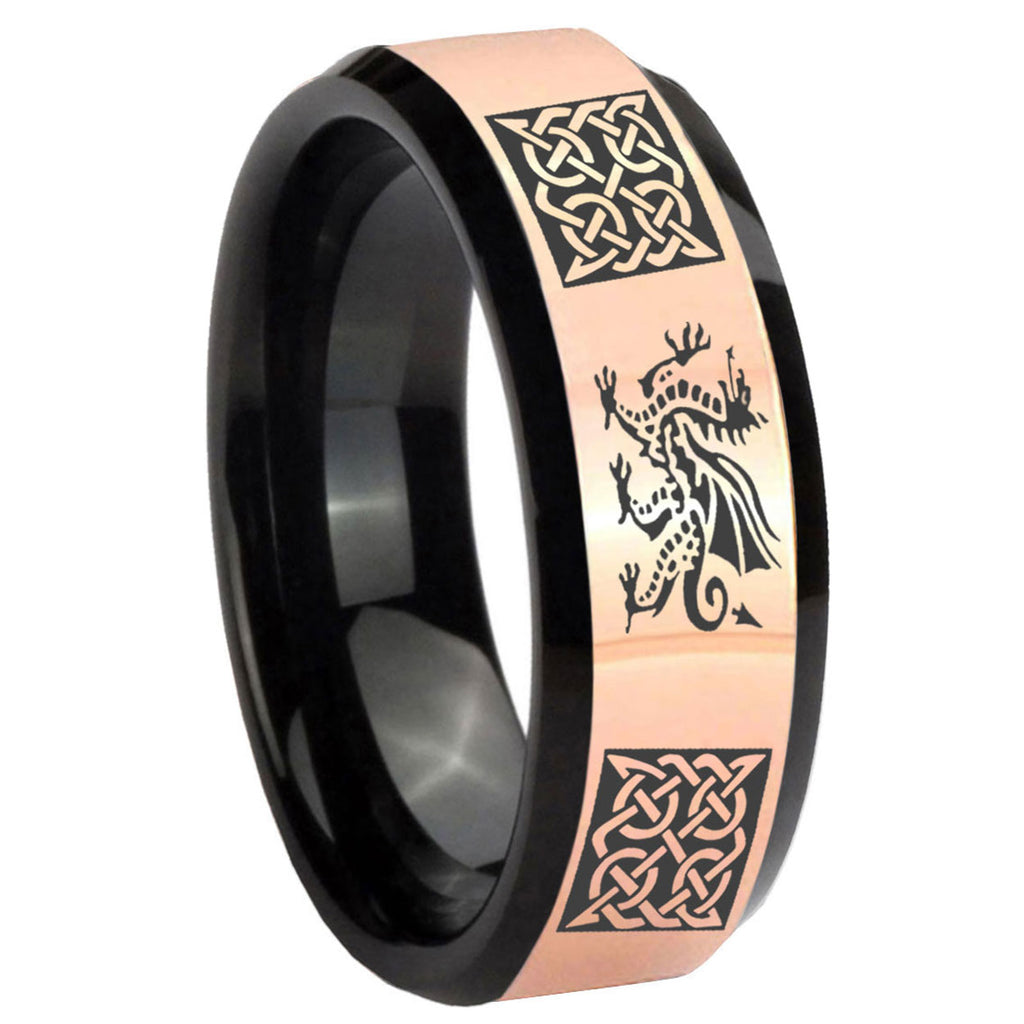 8MM Multiple Dragon Celtic Rose Gold Black Bevel Tungsten Ring