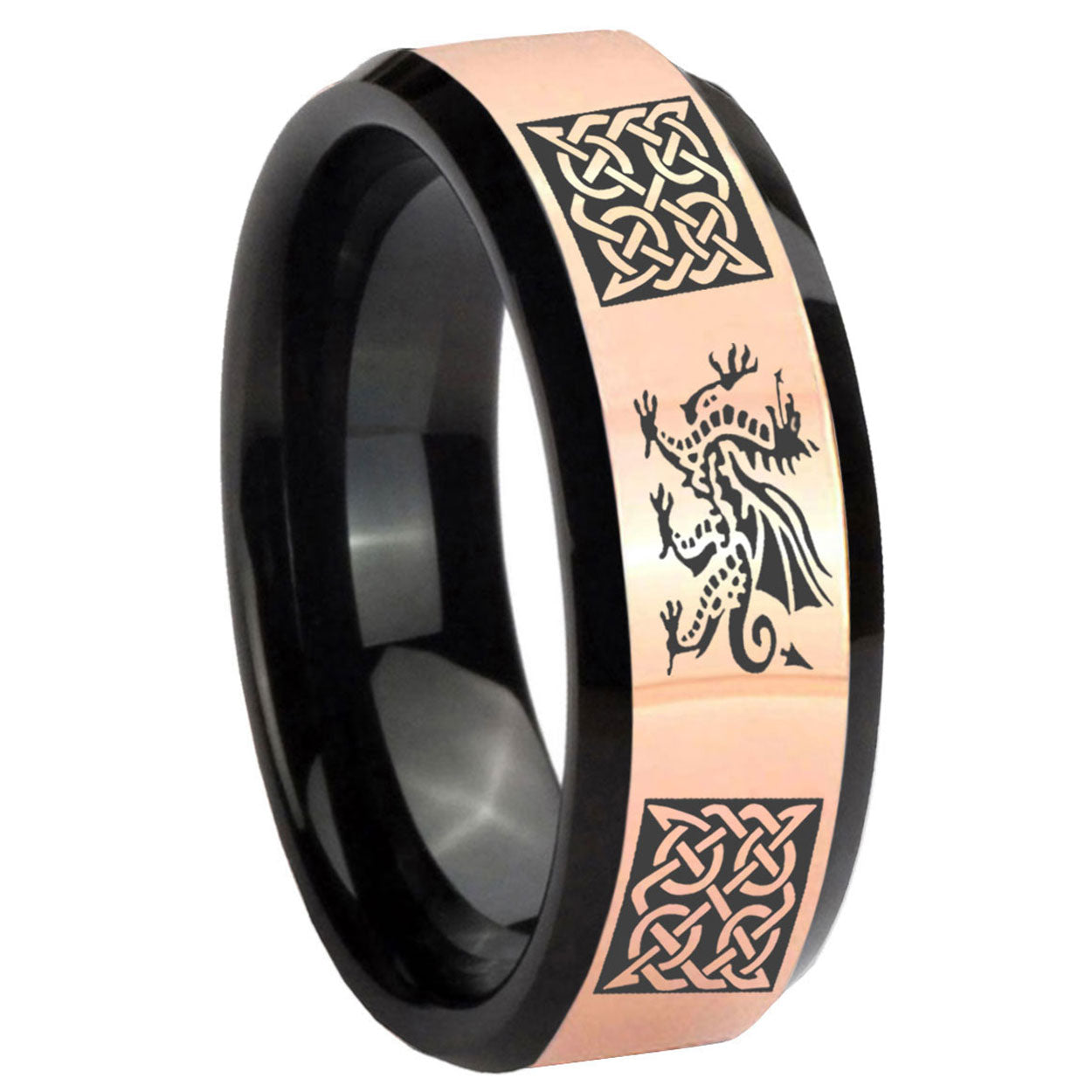 8MM Multiple Dragon Celtic Rose Gold Black Bevel Tungsten Ring