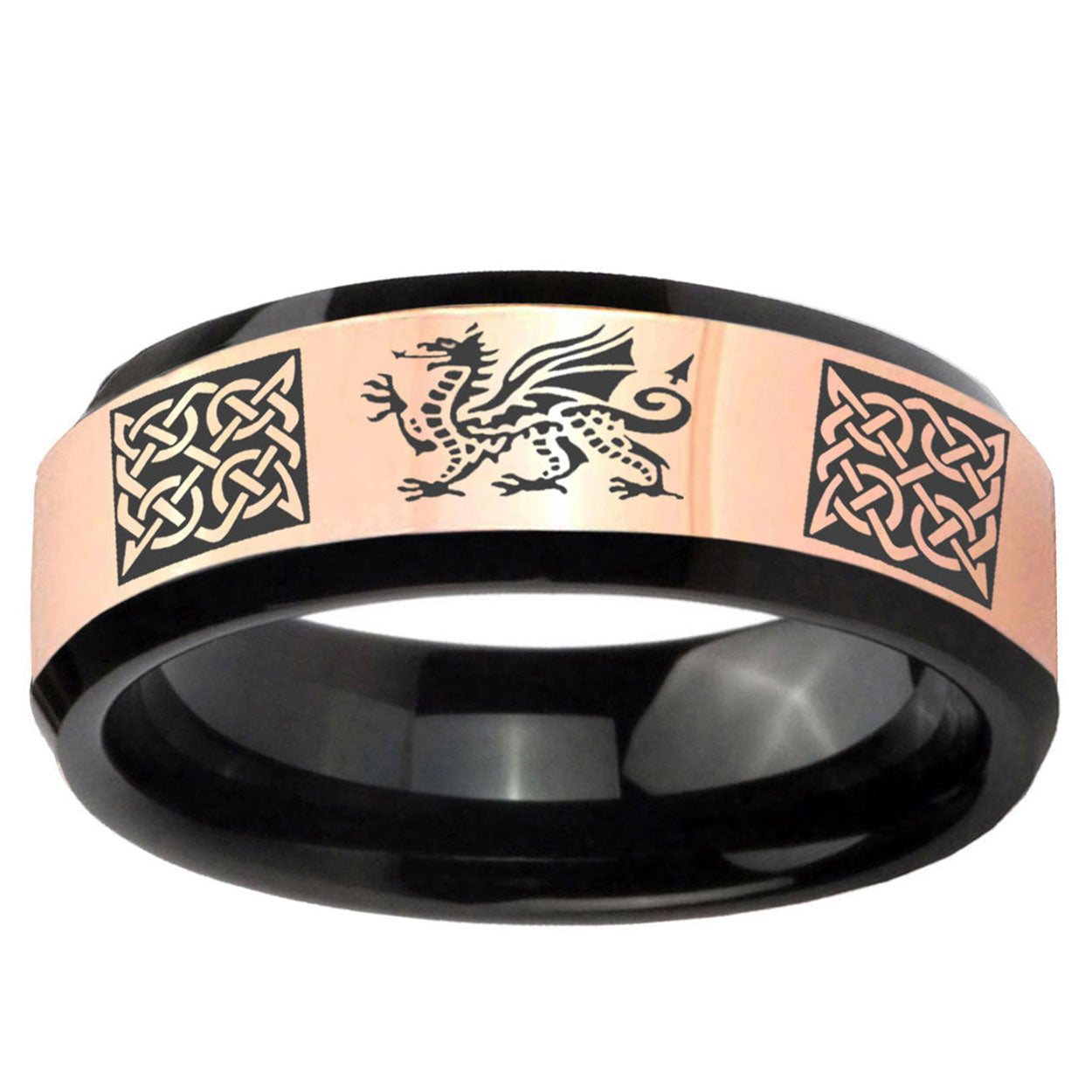Multiple Dragon Celtic Rose Gold Black Bevel Tungsten Ring