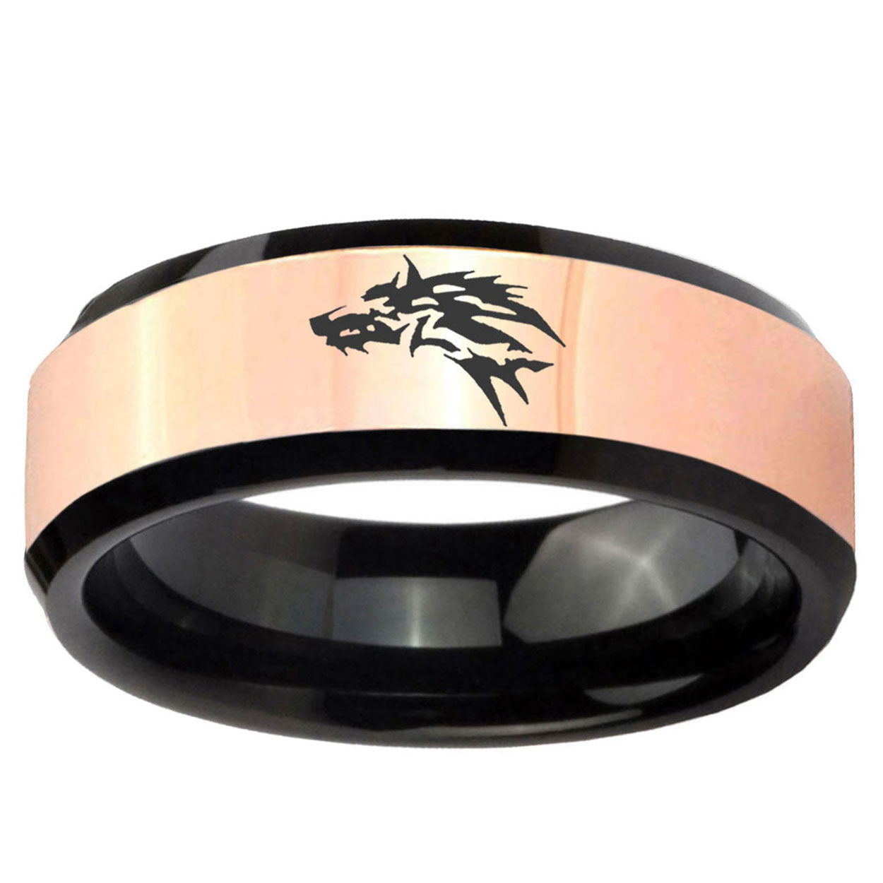 Wolf Rose Gold And Black Bevel Tungsten Engagement Band