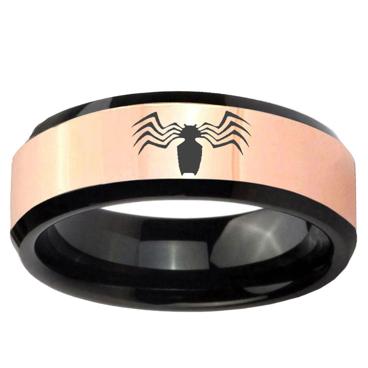 Spider Rose Gold And Black Bevel Tungsten Promise Ring