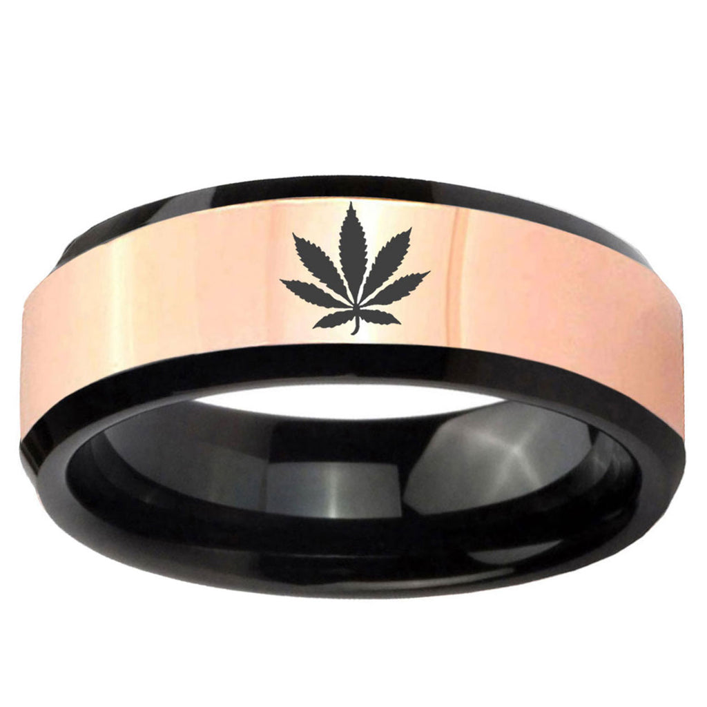 Marijuana Leaf Rose Gold Black Bevel Tungsten Engagement Ring