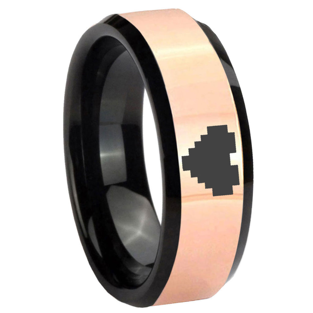 8MM Rose Gold Black Bevel Zelda Heart Tungsten Engrave Ring