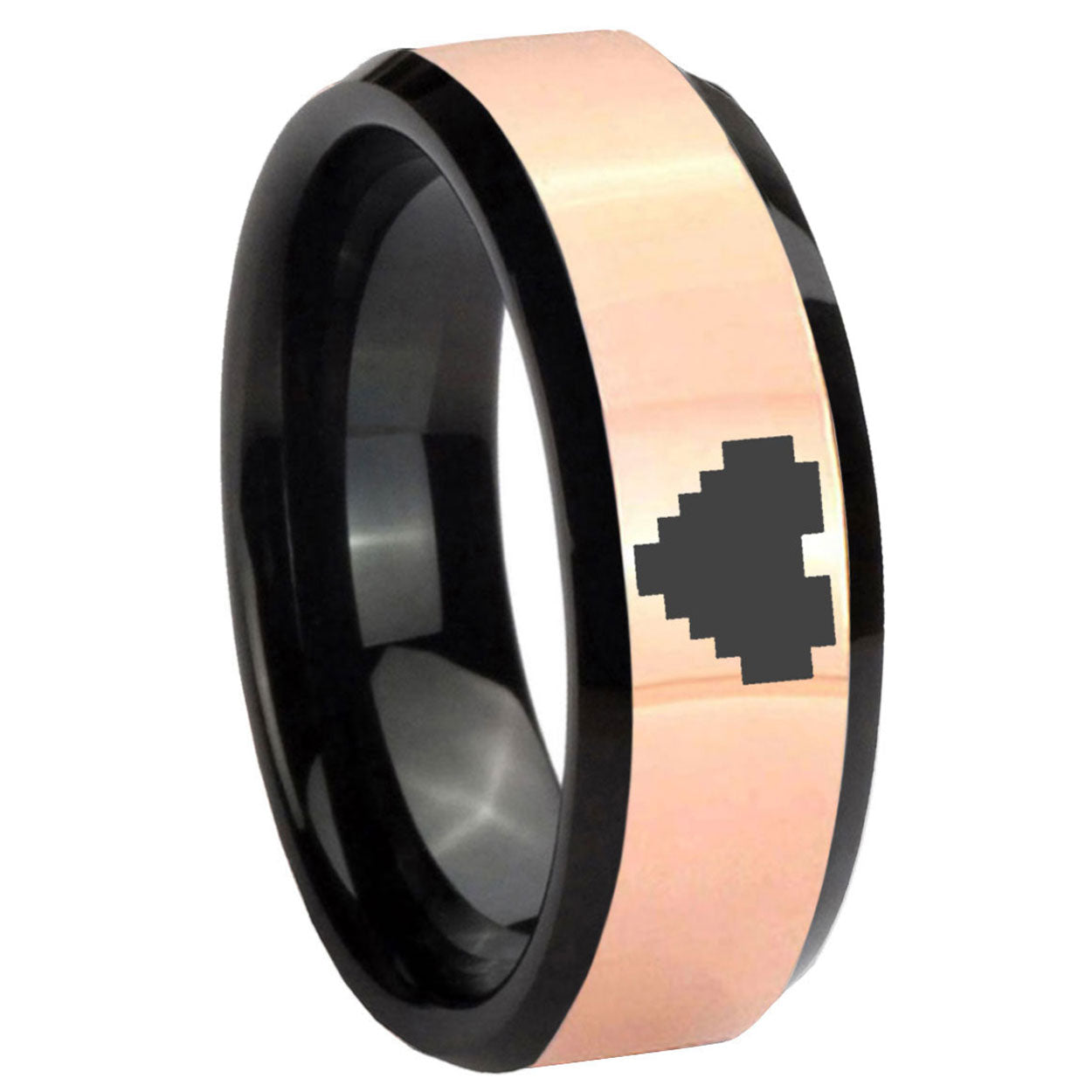 8MM Rose Gold Black Bevel Zelda Heart Tungsten Engrave Ring