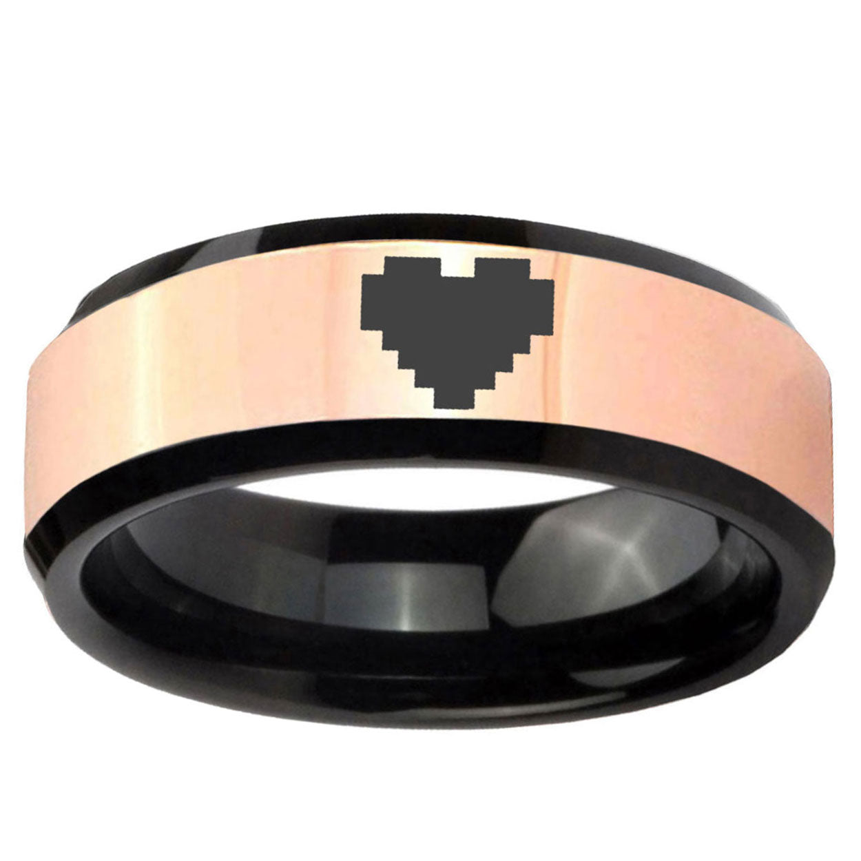 Rose Gold Black Bevel Zelda Heart Tungsten Engrave Ring