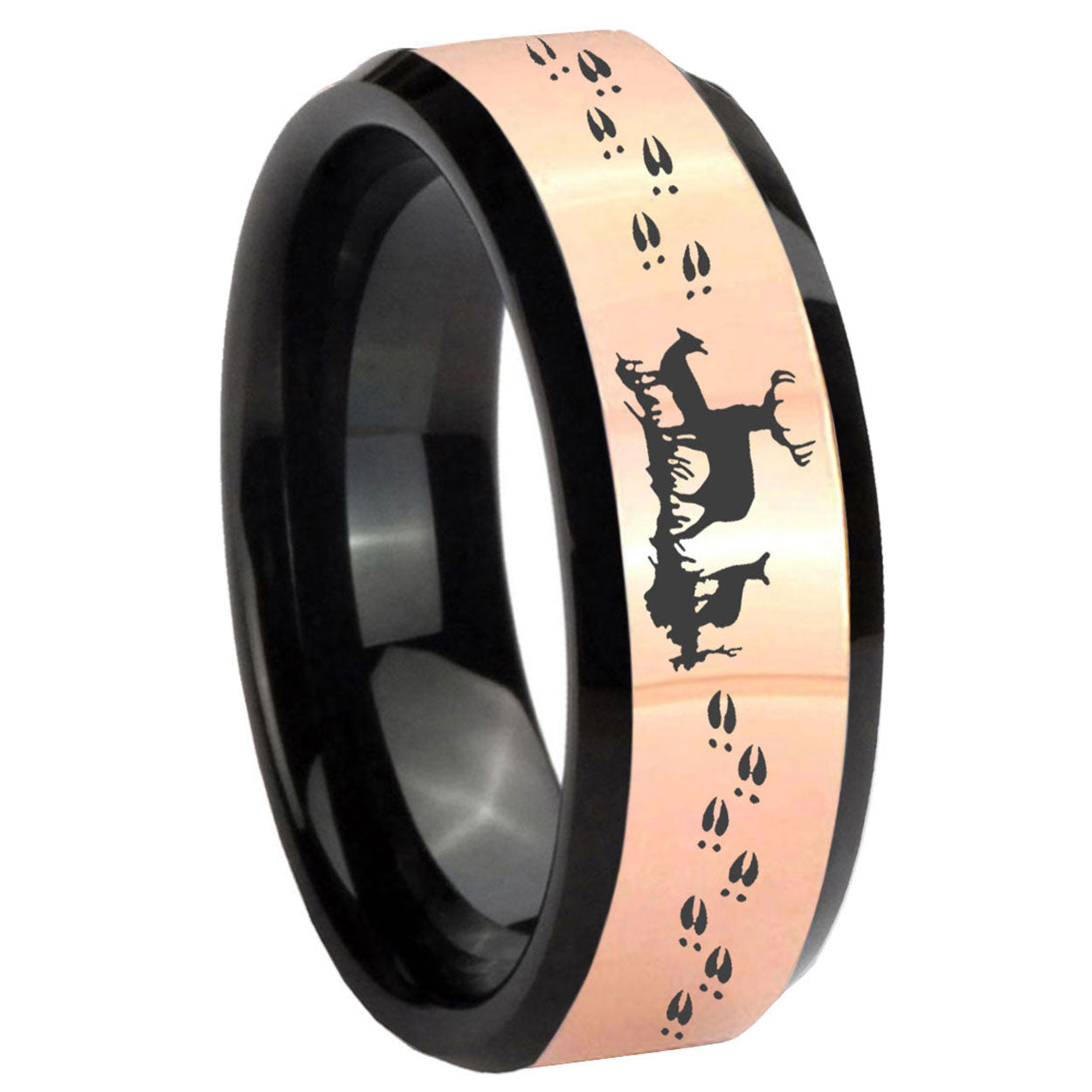 8MM Deer Hunting Rose Gold And Black Bevel Tungsten Custom Ring