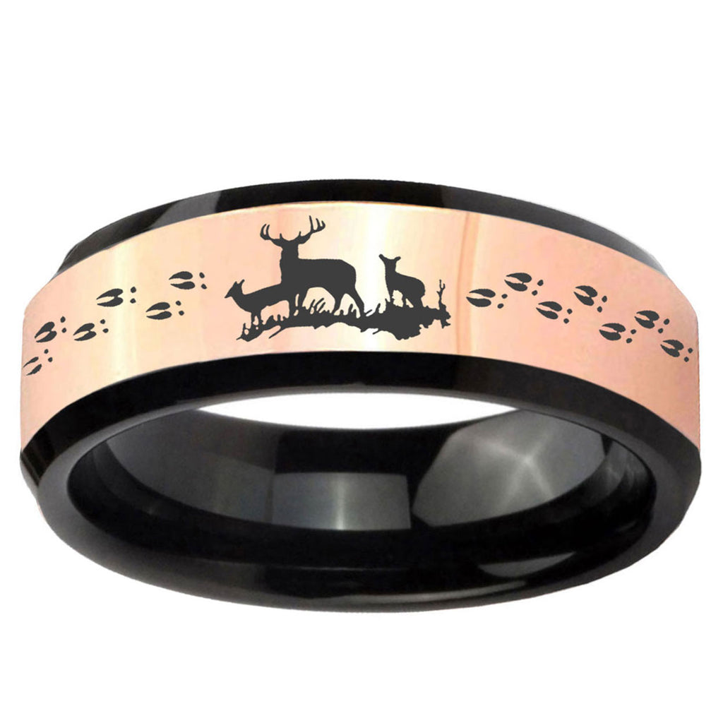 Deer Hunting Rose Gold And Black Bevel Tungsten Custom Ring