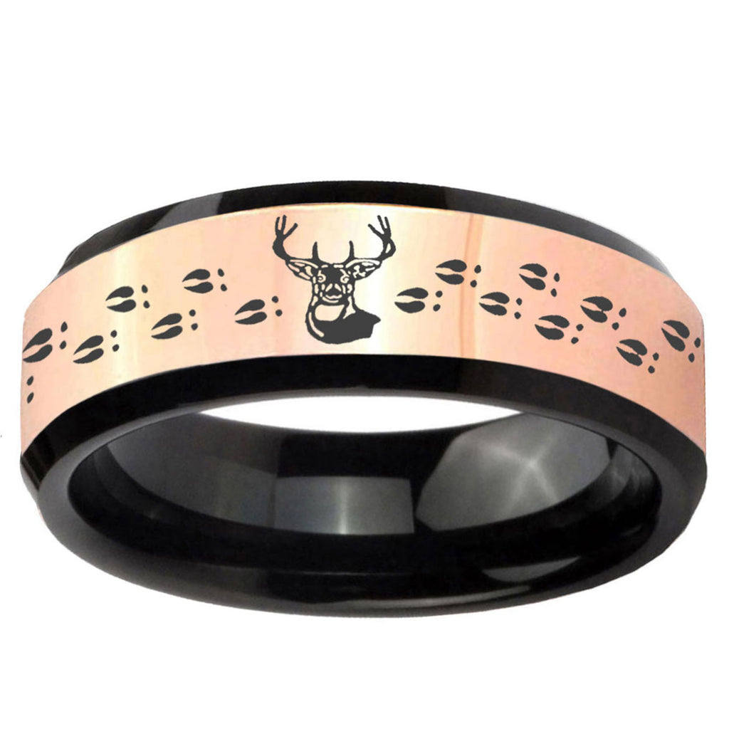 Deer Antler Rose Gold Black Bevel Tungsten Mens Band