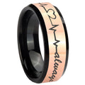 8MM Heart Beat forever Heart always Rose Gold Black Bevel Ring
