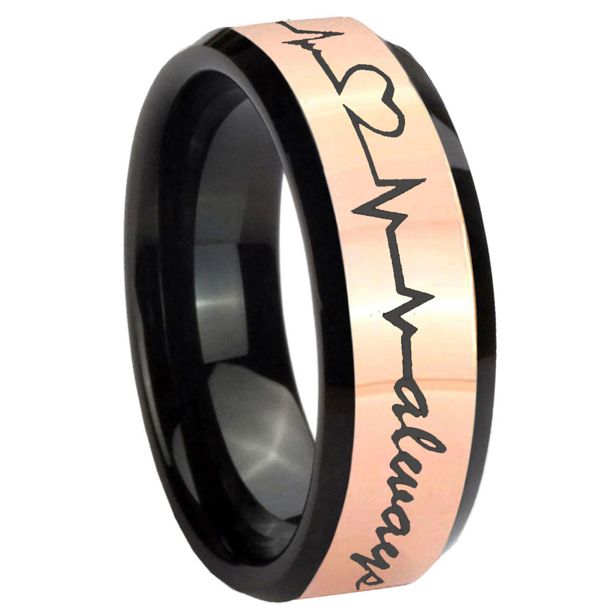 8MM Heart Beat forever Heart always Rose Gold Black Bevel Ring