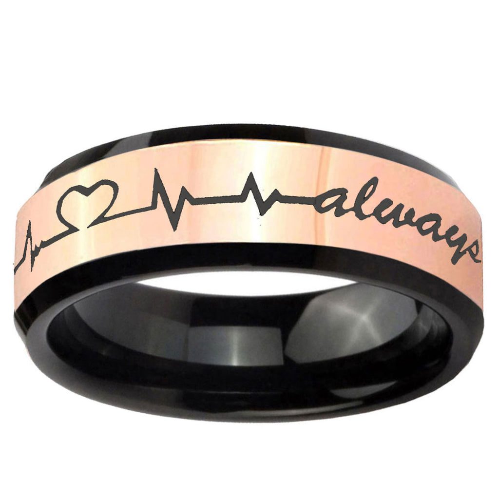 Heart Beat forever Heart always Rose Gold Black Bevel Ring