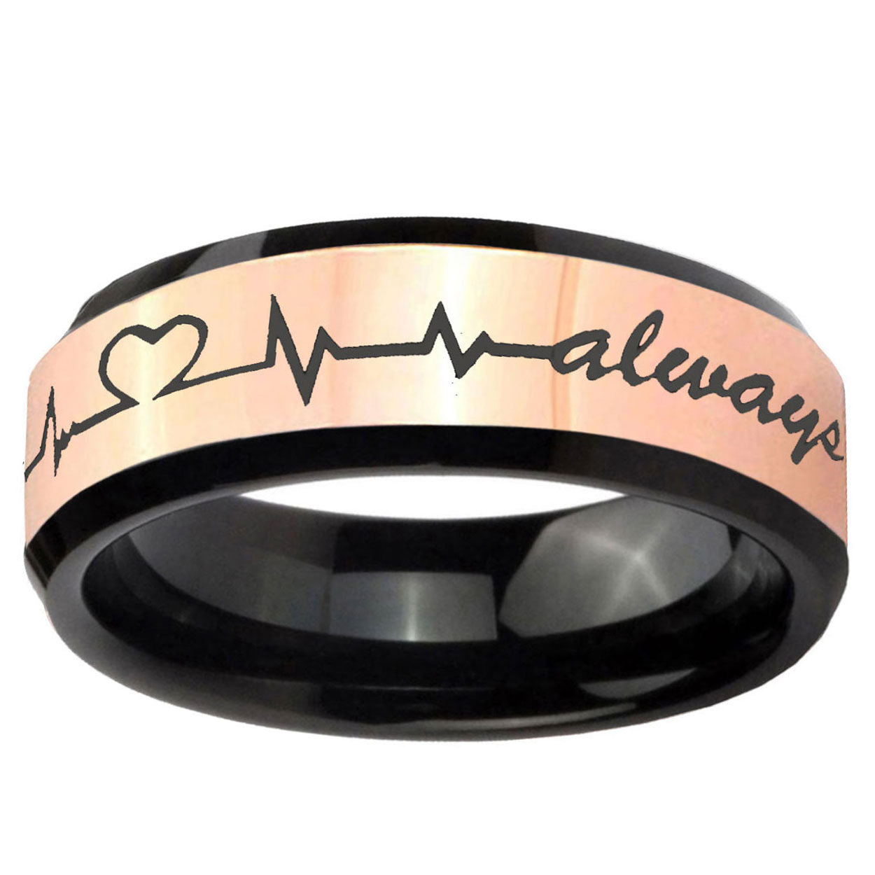 Heart Beat forever Heart always Rose Gold Black Bevel Ring
