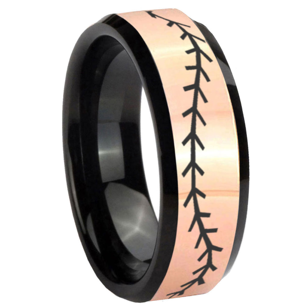 8MM Baseball Stitch Rose Gold Black Bevel Tungsten Promise Ring