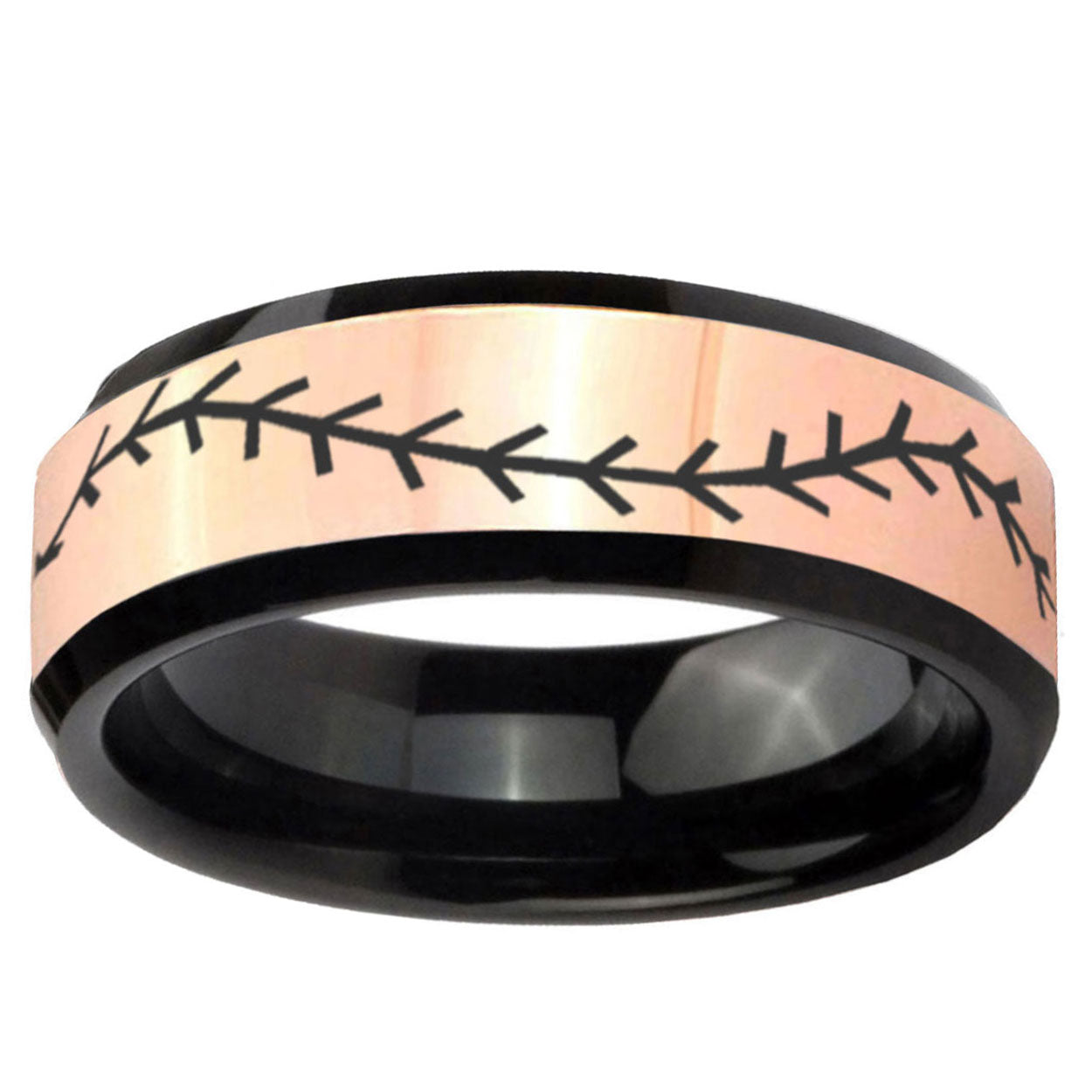 Baseball Stitch Rose Gold Black Bevel Tungsten Promise Ring