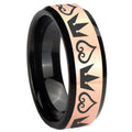 8MM Hearts Crowns Rose Gold Black Bevel Tungsten Promise Ring