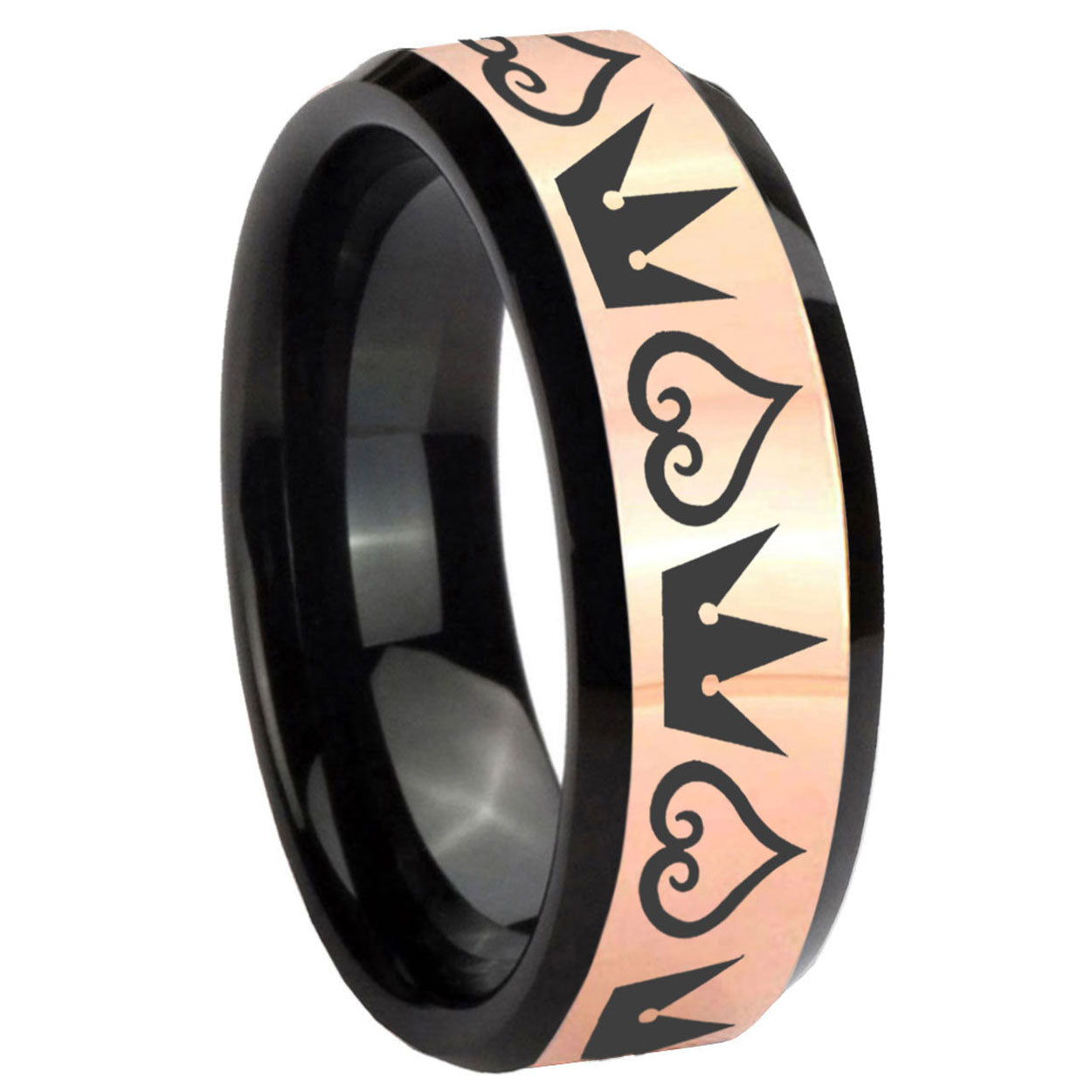 8MM Hearts Crowns Rose Gold Black Bevel Tungsten Promise Ring