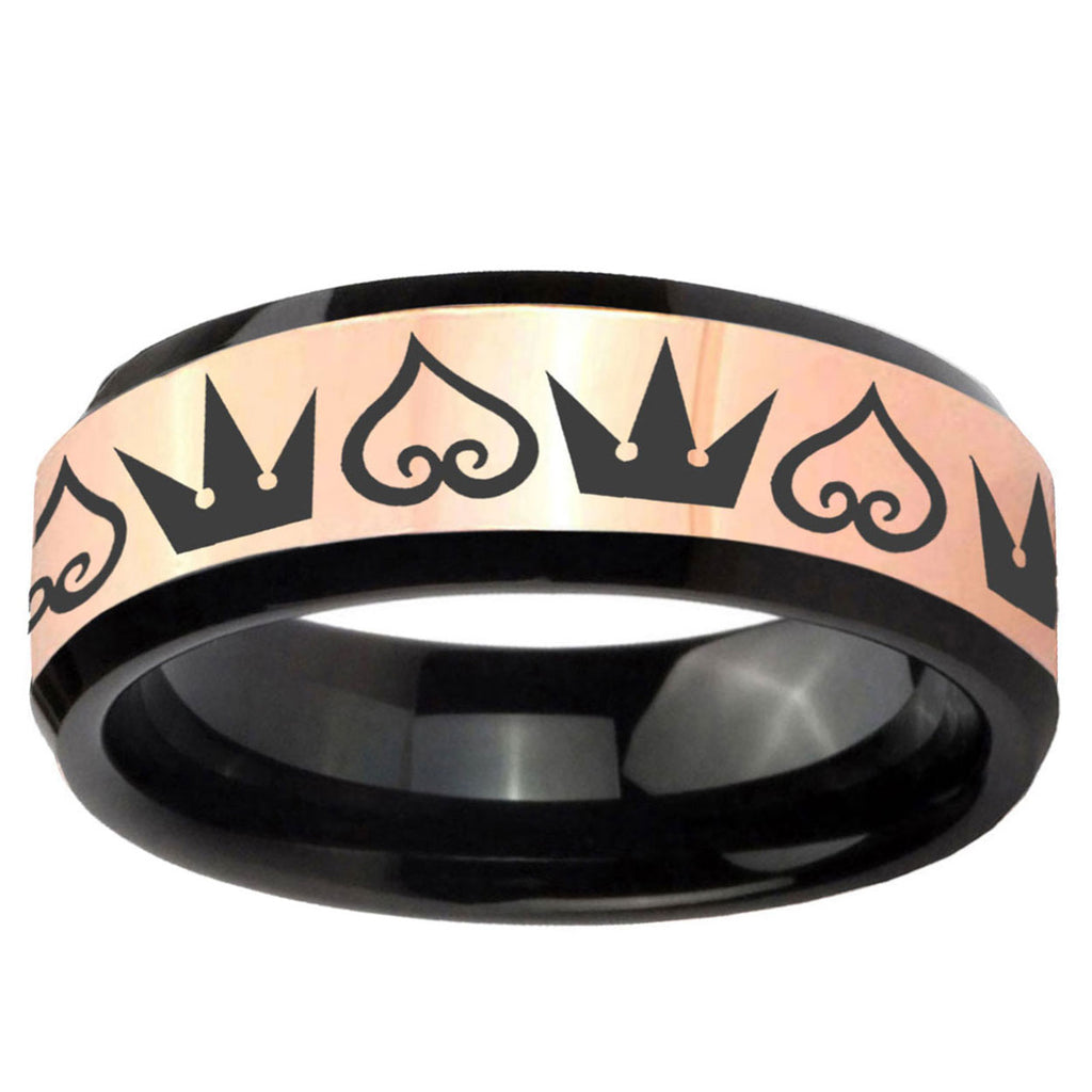 Hearts Crowns Rose Gold Black Bevel Tungsten Promise Ring