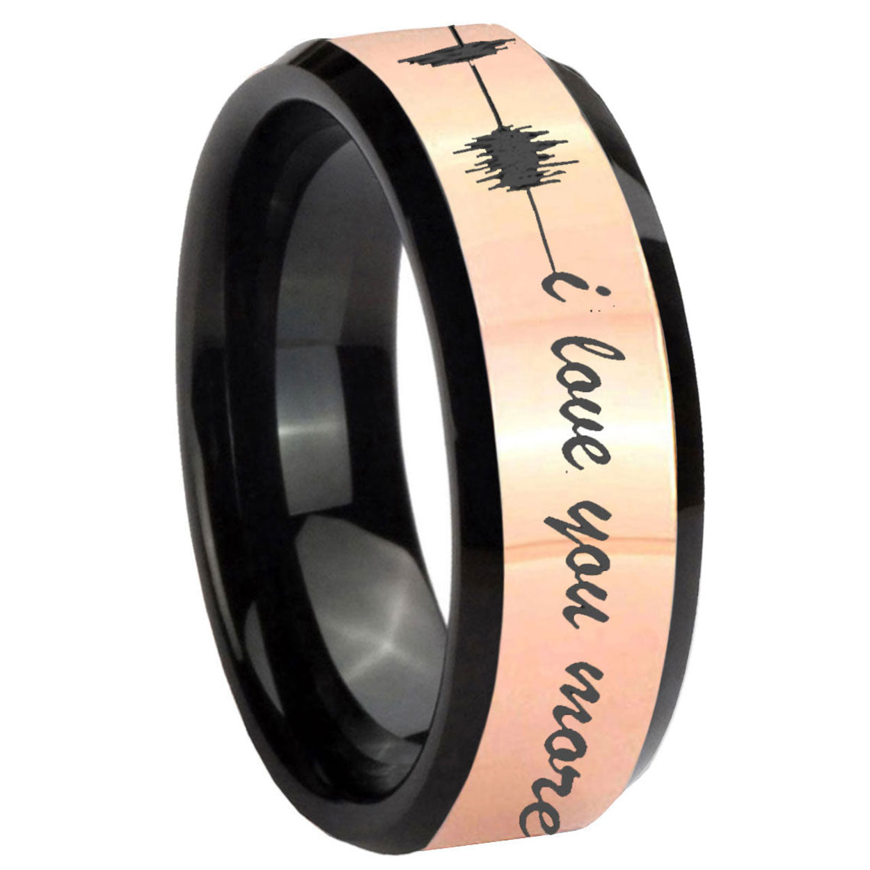 8MM Sound Wave I love you more Rose Gold Black Bevel Tungsten Ring