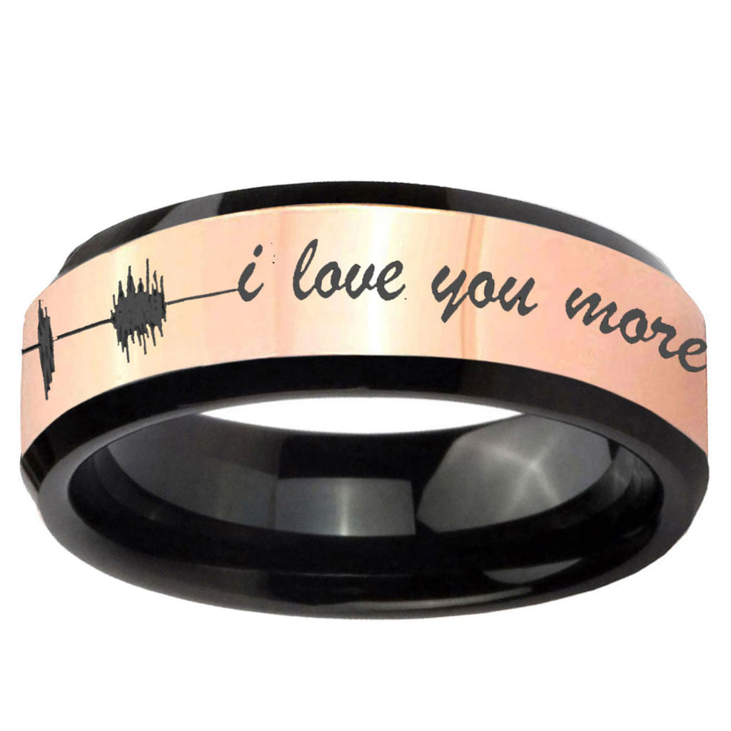 Sound Wave I love you more Rose Gold Black Bevel Tungsten Ring