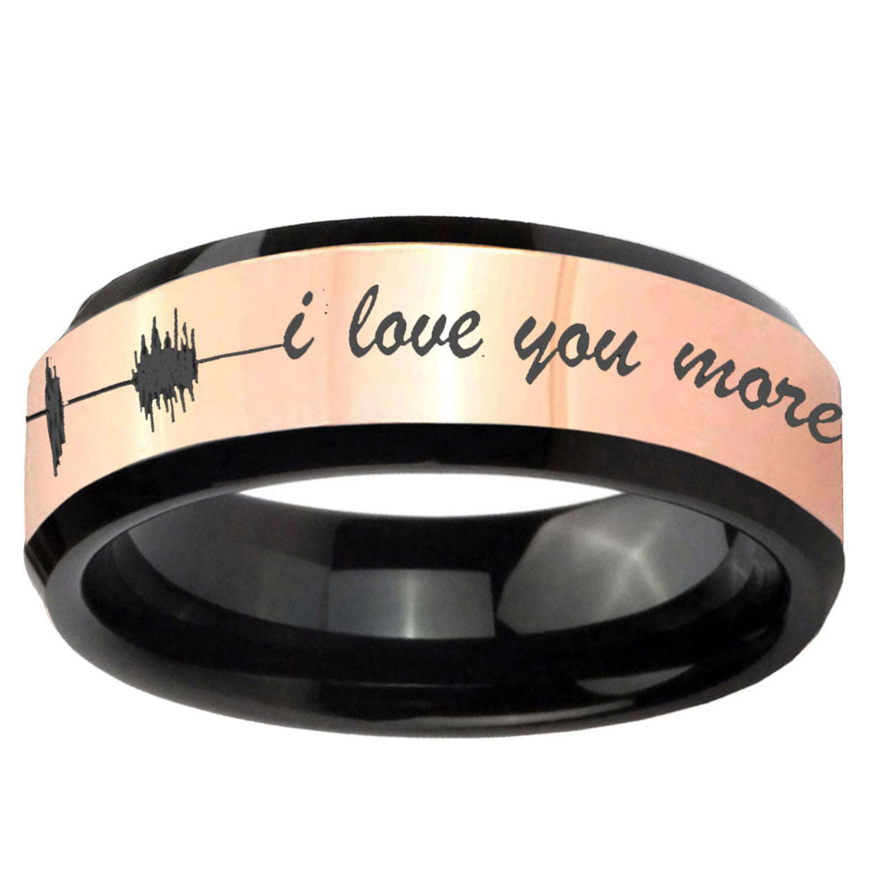 Sound Wave I love you more Rose Gold Black Bevel Tungsten Ring