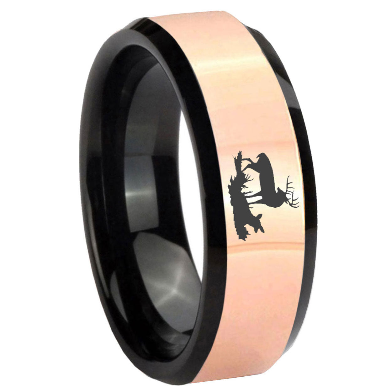 8MM Deer Hunting Rose Gold Black Bevel Tungsten Wedding Ring