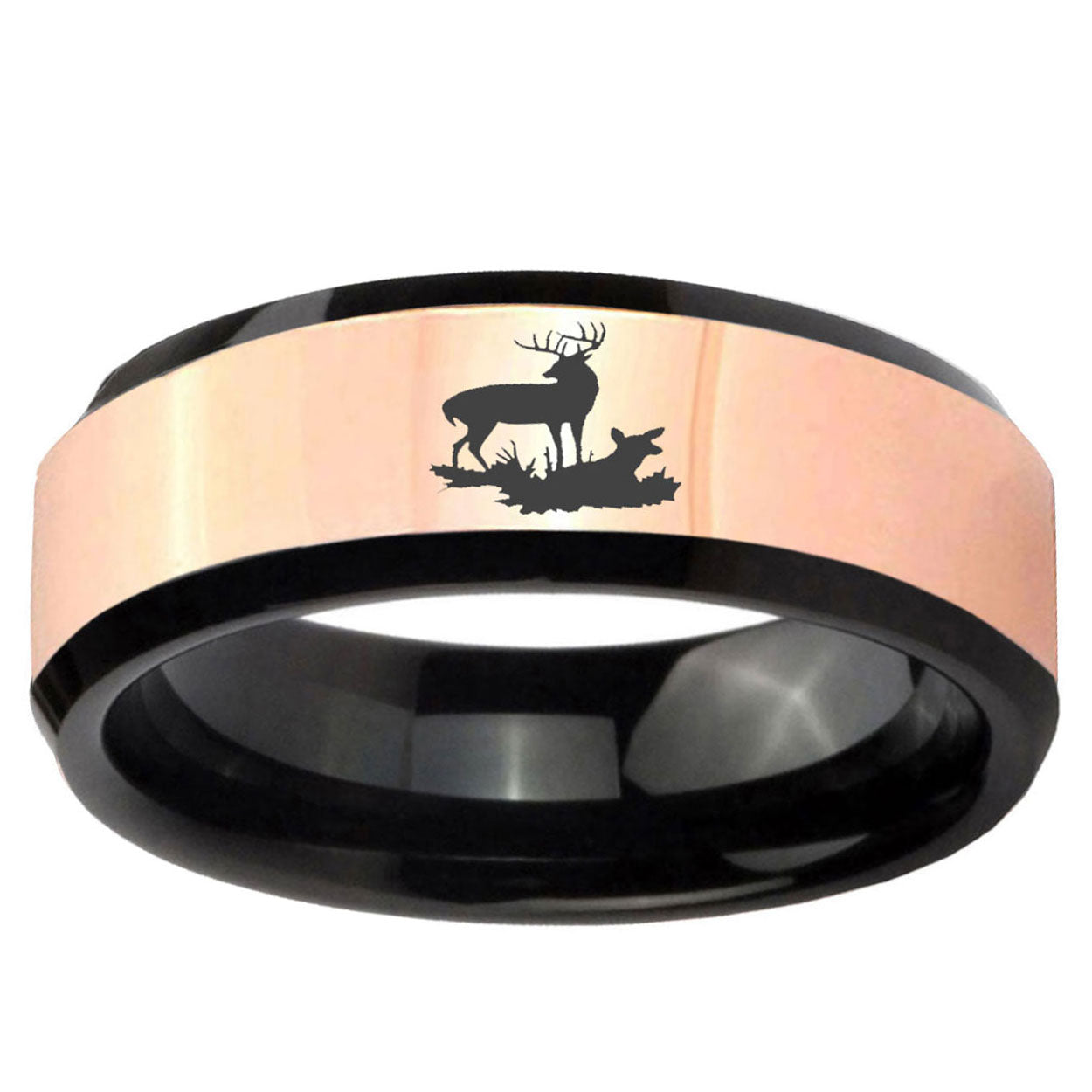 Deer Hunting Rose Gold Black Bevel Tungsten Wedding Ring