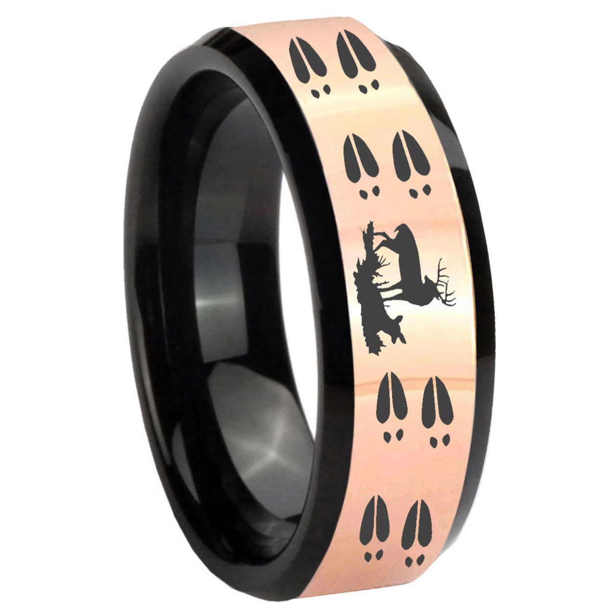 8MM Deer Hunting Tracks Rose Gold Black Bevel Tungsten Ring