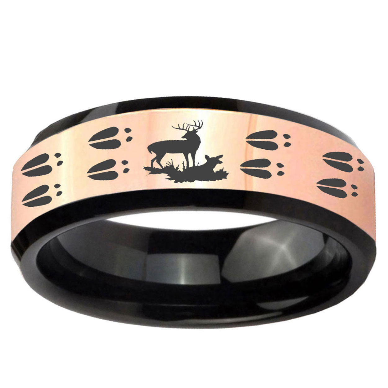 Deer Hunting Tracks Rose Gold Black Bevel Tungsten Ring