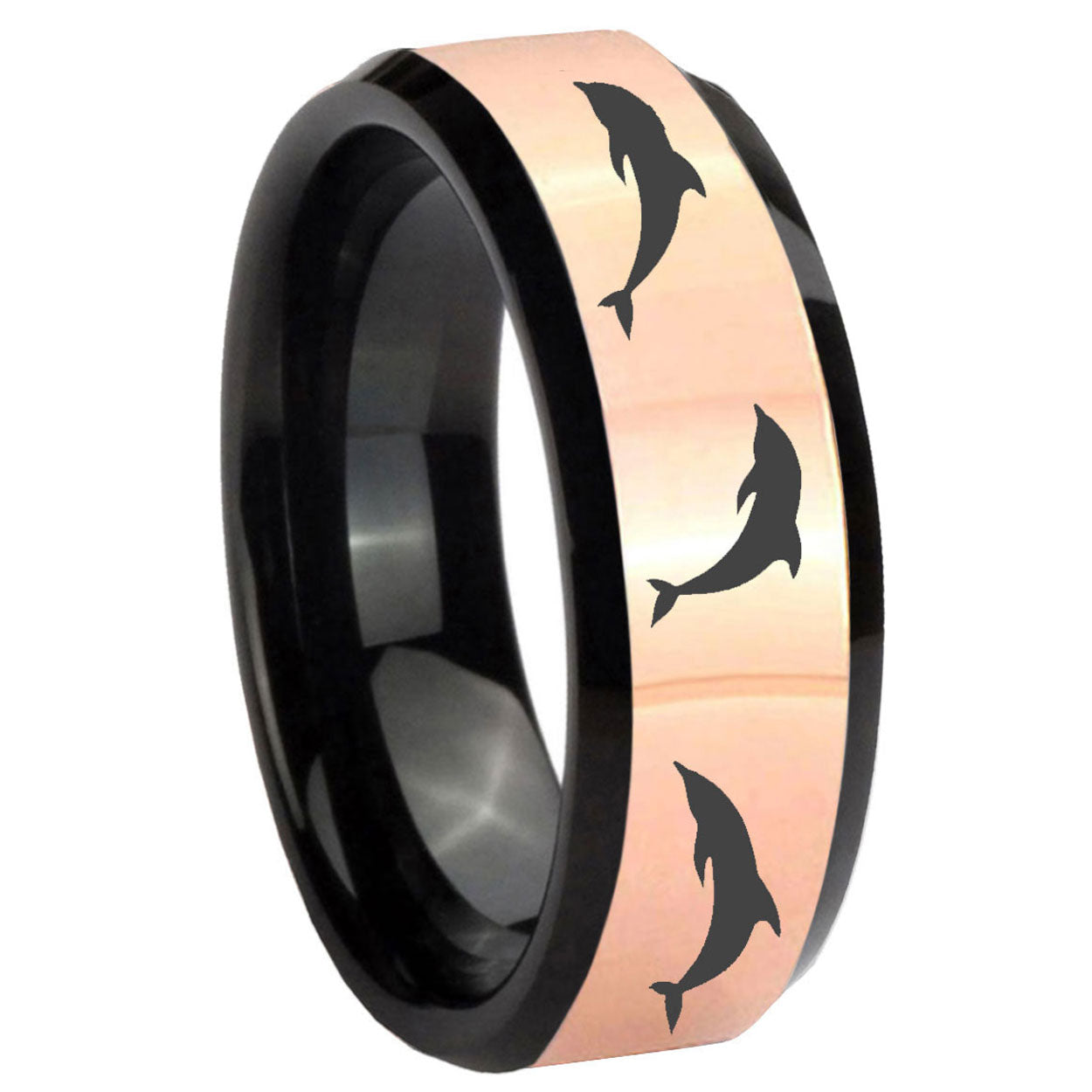 8MM Dolphins Rose Gold Black Bevel Tungsten Personalized Ring