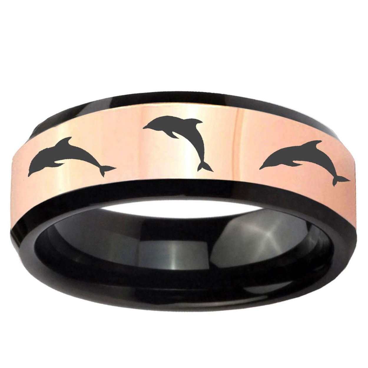 Dolphins Rose Gold Black Bevel Tungsten Personalized Ring