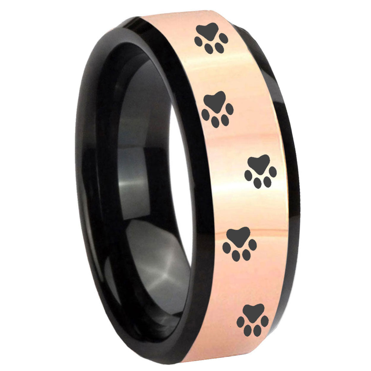 8MM Paw Print Rose Gold And Black Bevel Tungsten Promise Ring