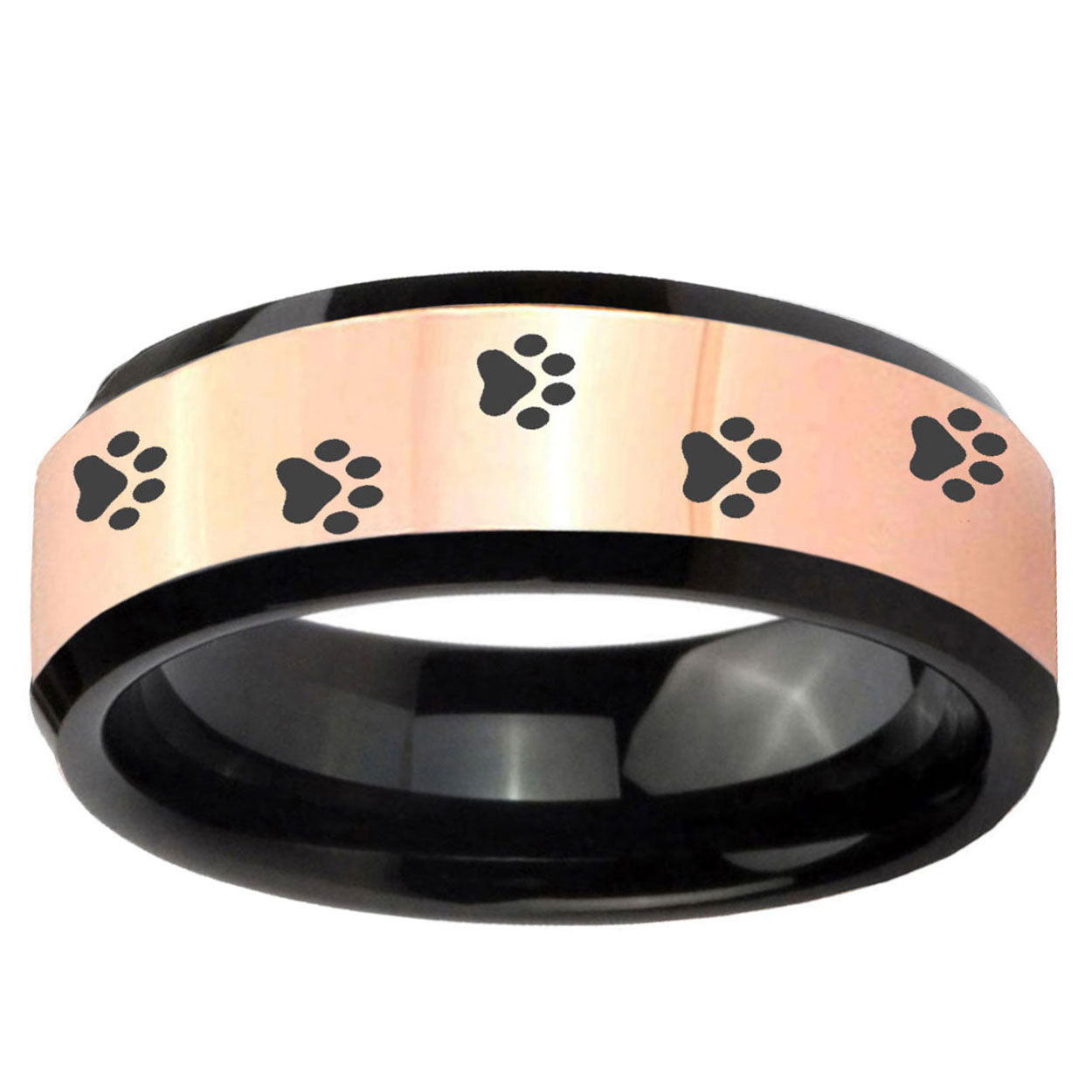 Paw Print Rose Gold And Black Bevel Tungsten Promise Ring