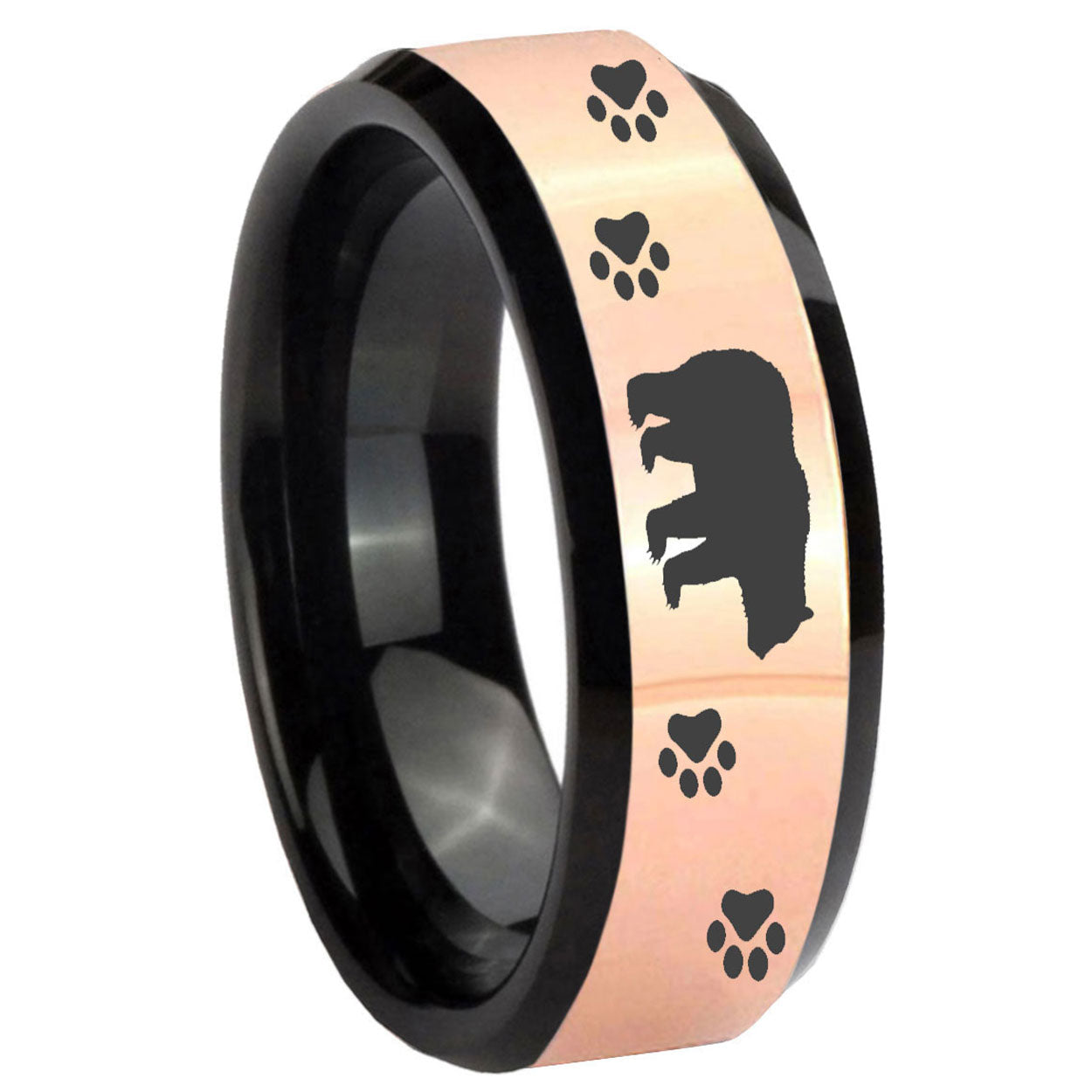 8MM Bear Paw Rose Gold Black Bevel Tungsten Ring for Men