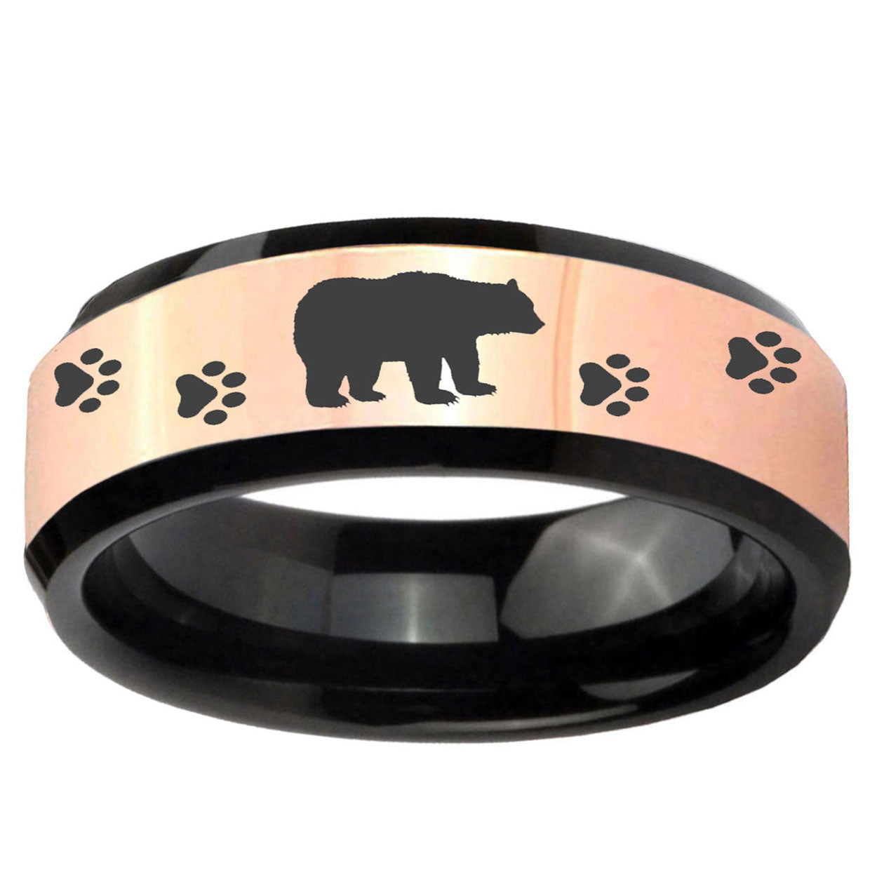 Bear Paw Rose Gold Black Bevel Tungsten Ring for Men
