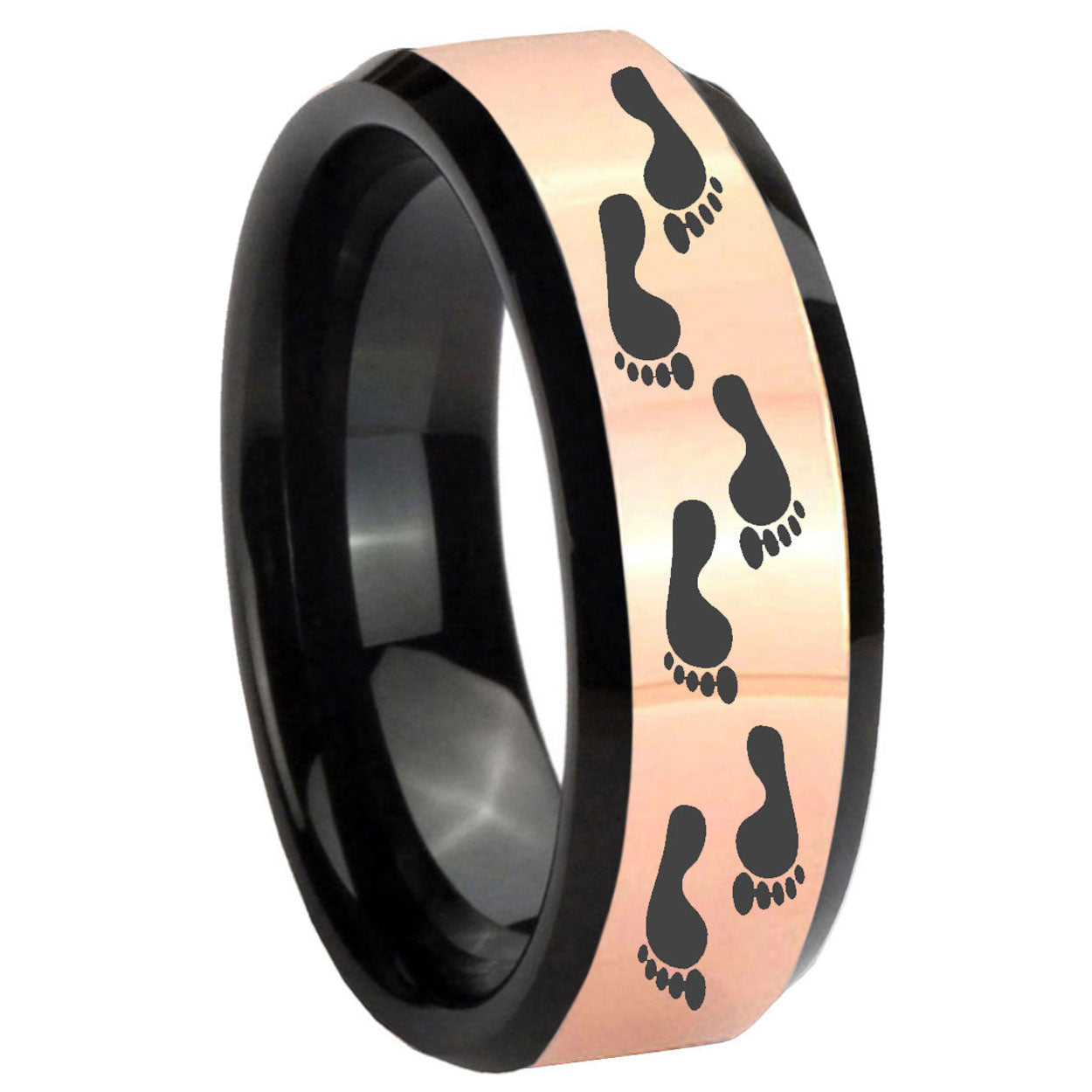 8MM Foot Print Rose Gold Black Bevel Tungsten Wedding Men's