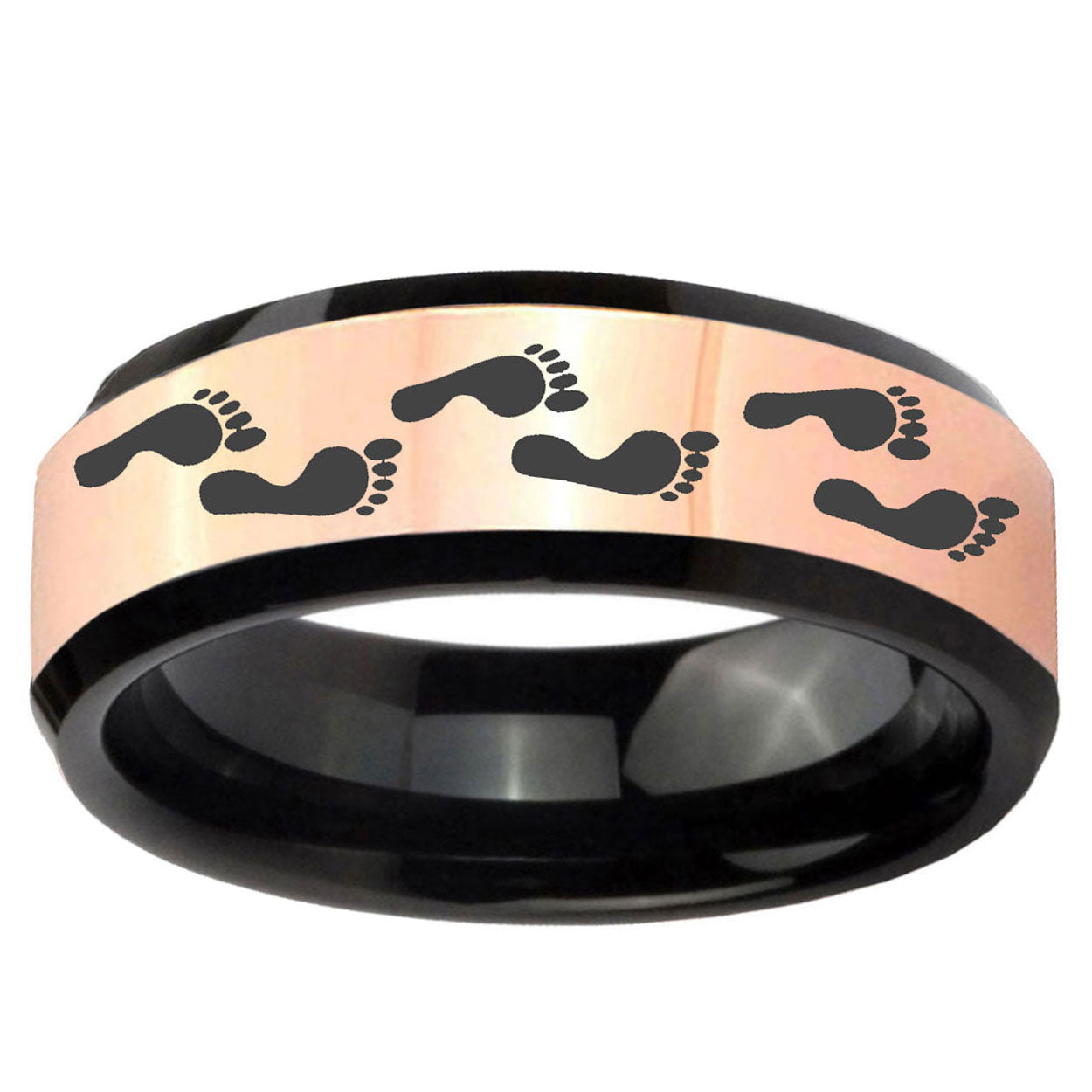 Foot Print Rose Gold Black Bevel Tungsten Wedding Men's